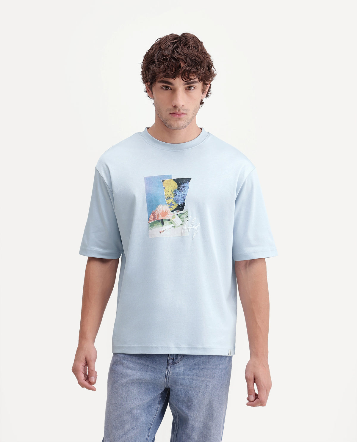 Rare Rabbit Men's Aeno Light Blue Cotton Crew Neck Regular Graphic Print T-Shirt