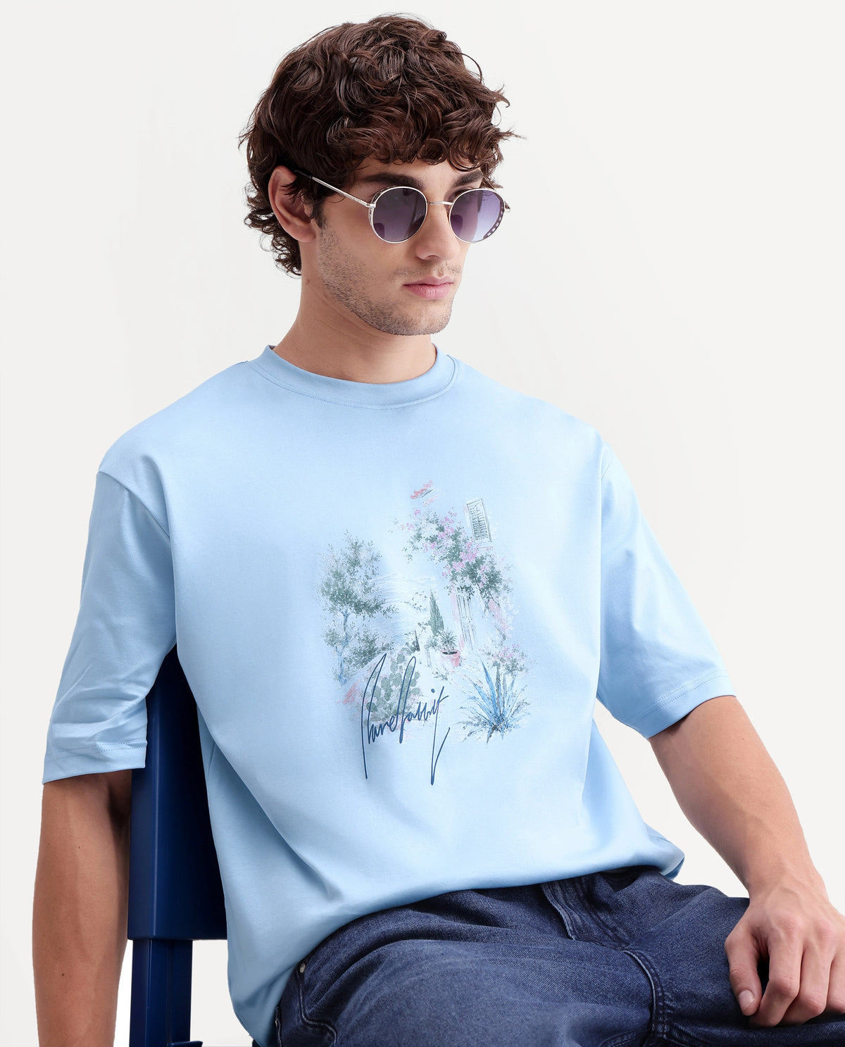Rare Rabbit Men's Oren Light Blue Cotton Crew Neck Relaxed Graphic Print T-Shirt