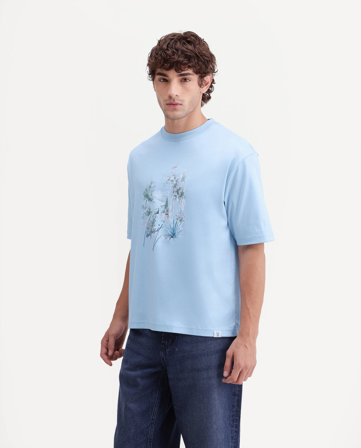 Rare Rabbit Men's Oren Light Blue Cotton Crew Neck Relaxed Graphic Print T-Shirt