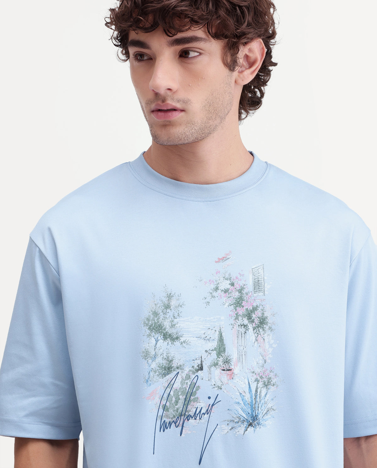 Rare Rabbit Men's Oren Light Blue Cotton Crew Neck Relaxed Graphic Print T-Shirt