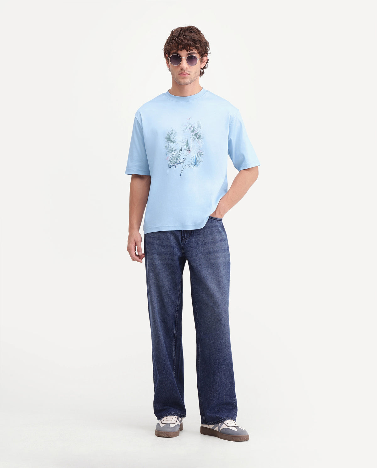 Rare Rabbit Men's Oren Light Blue Cotton Crew Neck Relaxed Graphic Print T-Shirt