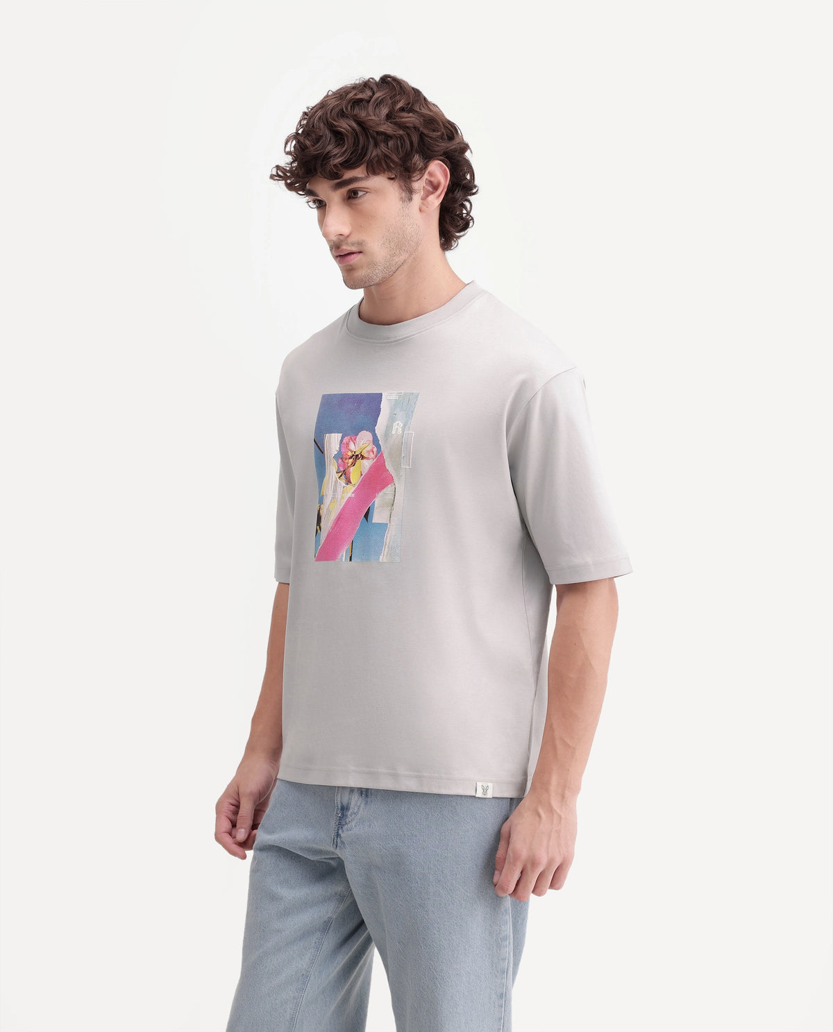 Rare Rabbit Men's Zae Light Grey Cotton Crew Neck Relaxed Graphic Print T-Shirt