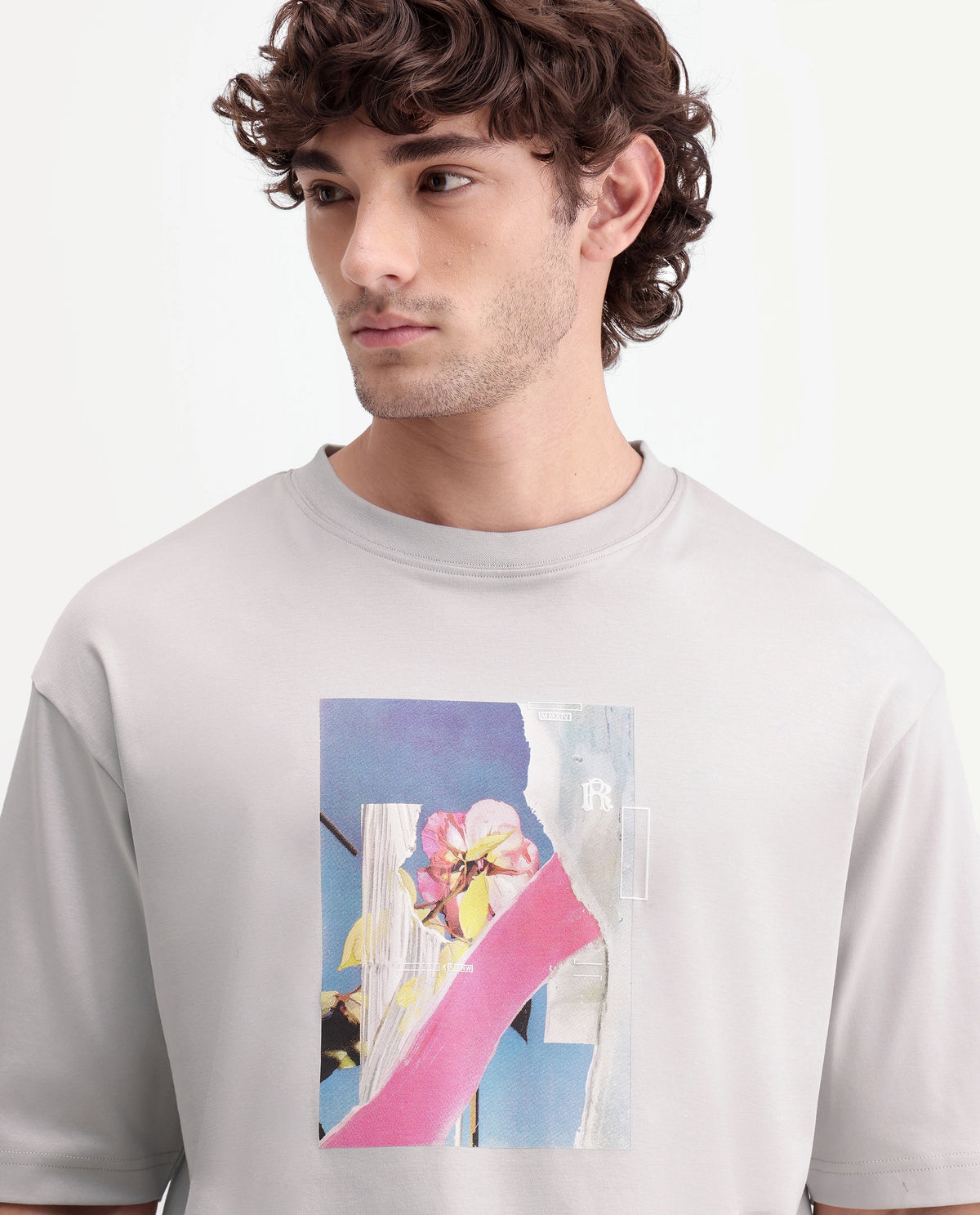 Rare Rabbit Men's Zae Light Grey Cotton Crew Neck Relaxed Graphic Print T-Shirt