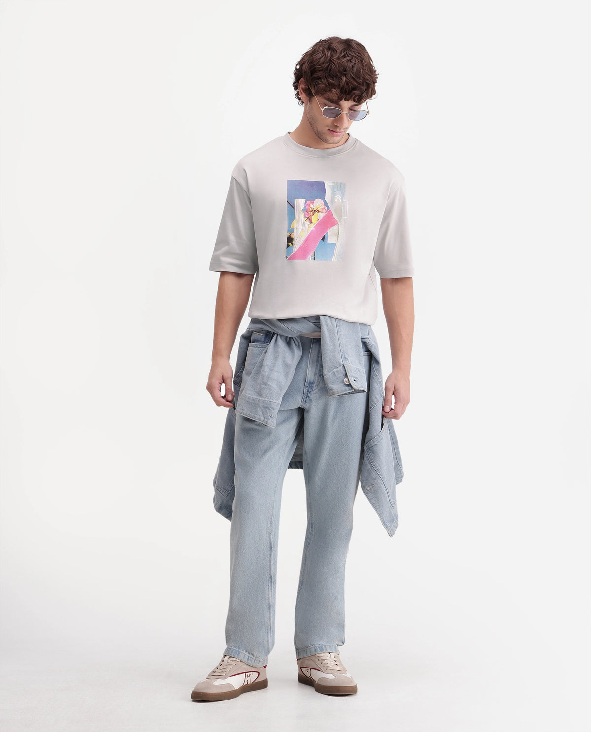 Rare Rabbit Men's Zae Light Grey Cotton Crew Neck Relaxed Graphic Print T-Shirt