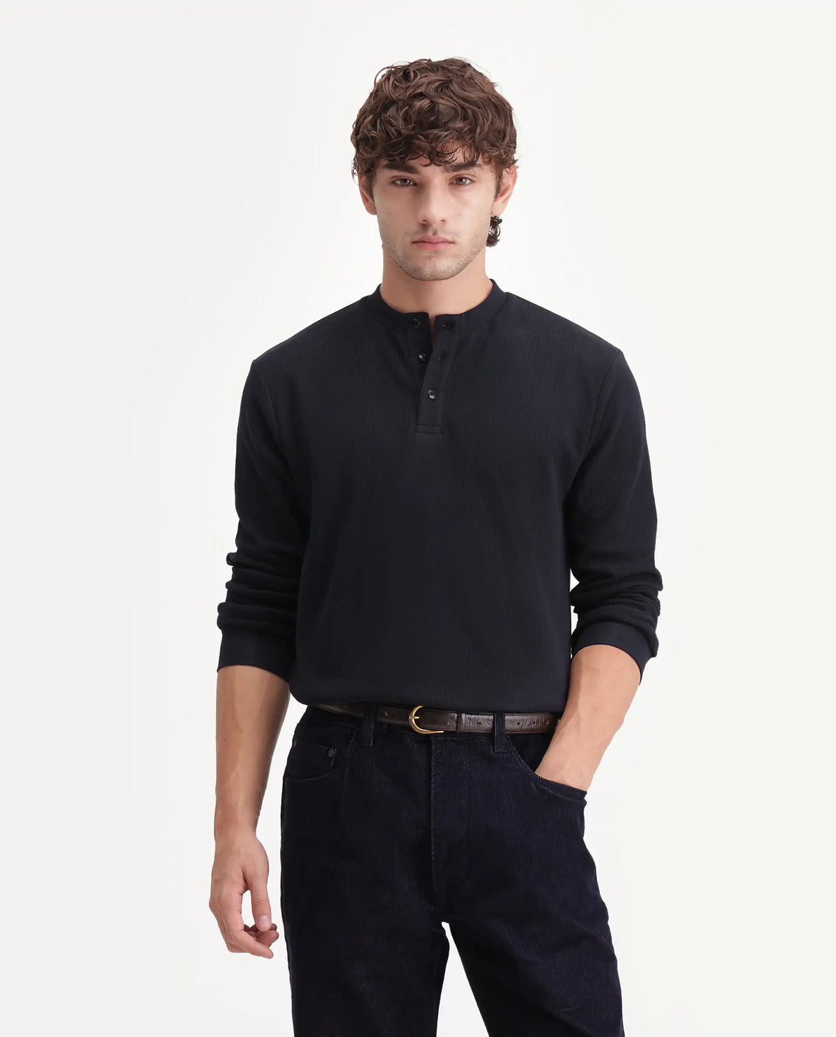 Rare Rabbit Men's Leto Black Cotton Button closure Full Sleeve Regular Plain T-Shirt