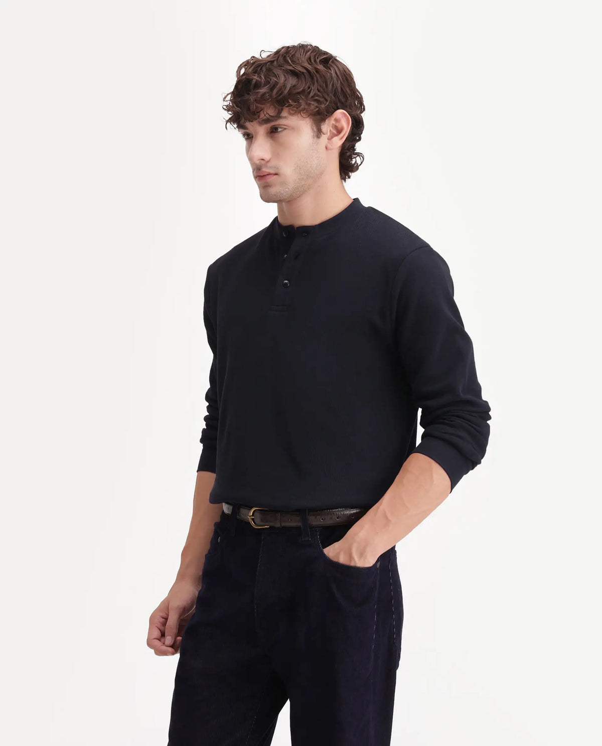 Rare Rabbit Men's Leto Black Cotton Button closure Full Sleeve Regular Plain T-Shirt