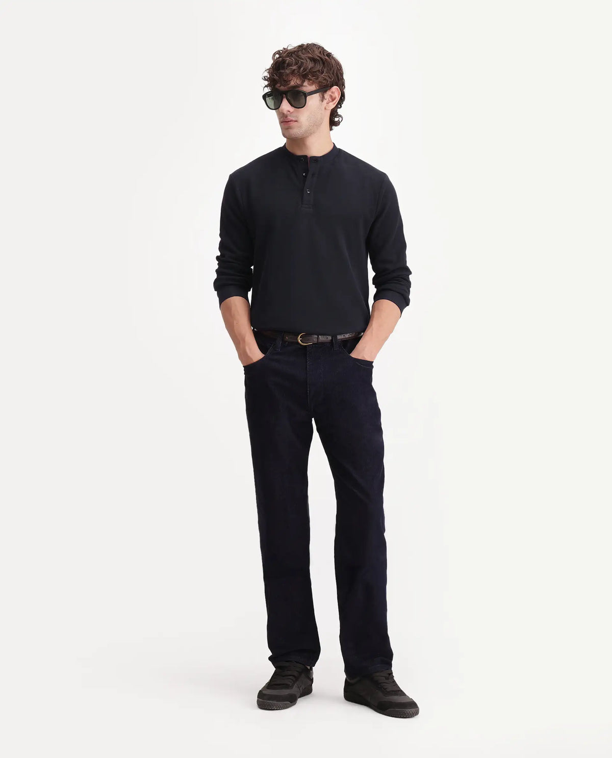 Rare Rabbit Men's Leto Black Cotton Button closure Full Sleeve Regular Plain T-Shirt