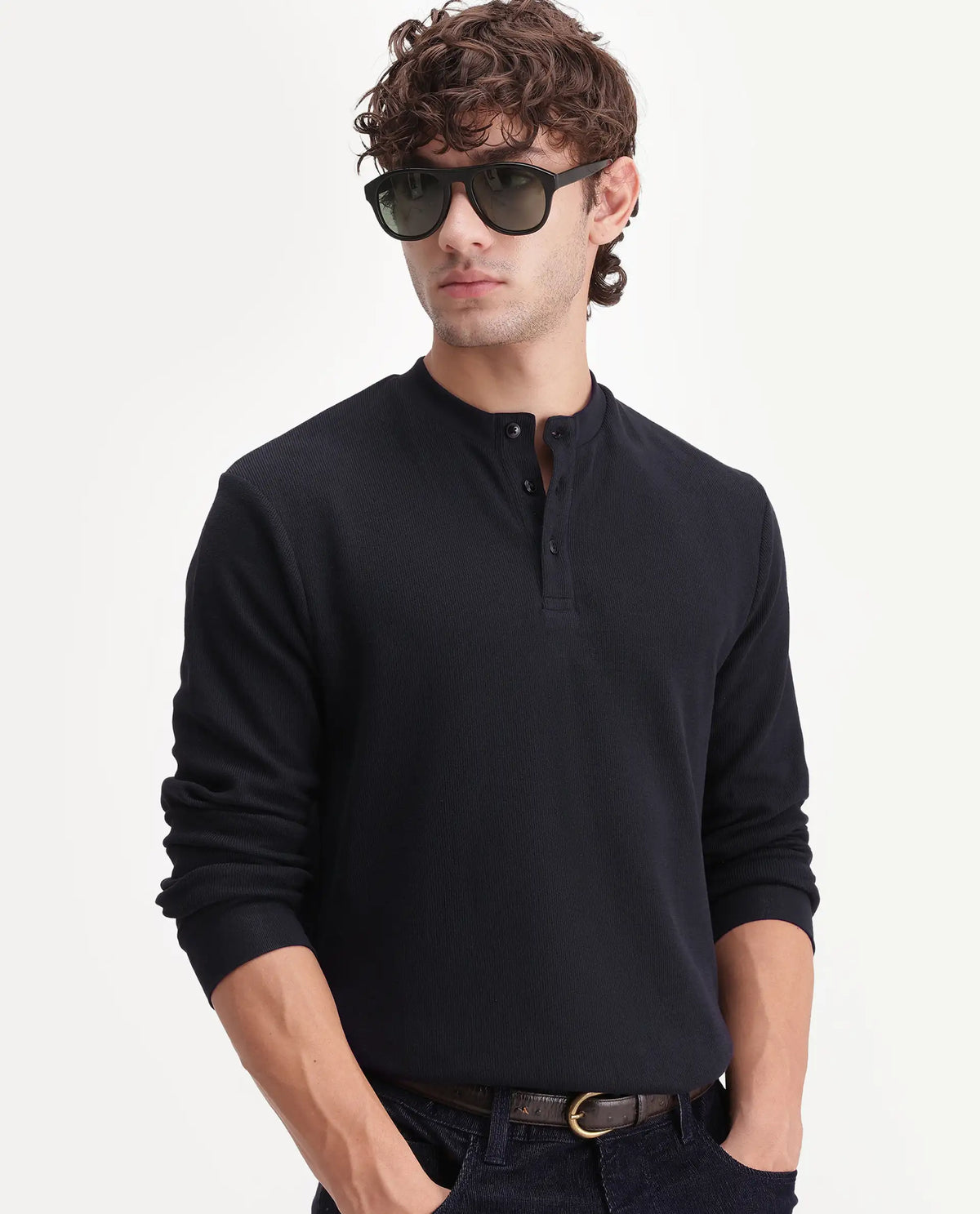 Rare Rabbit Men's Leto Black Cotton Button closure Full Sleeve Regular Plain T-Shirt