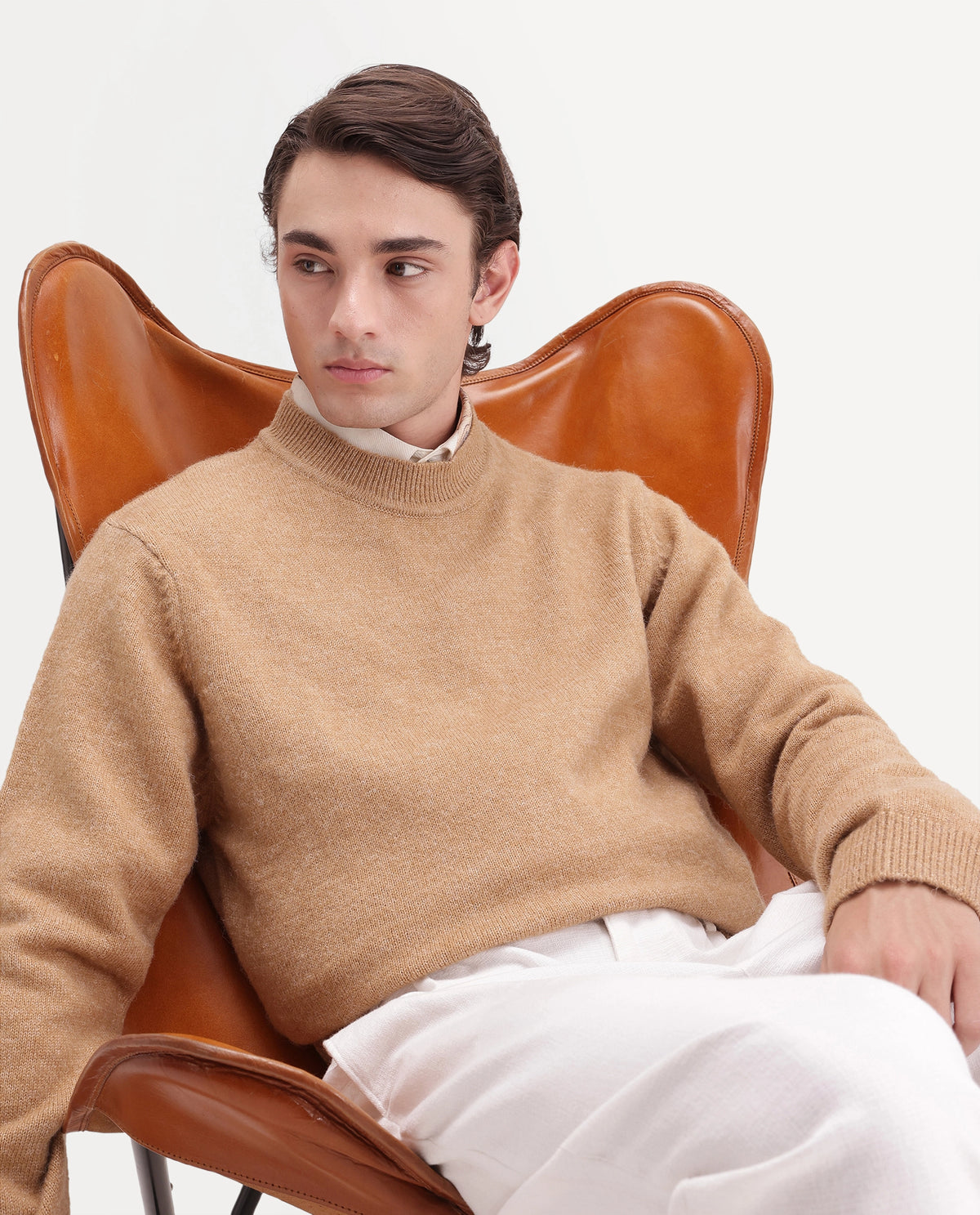 Rare Rabbit Men's Manny-E Dusky Yellow Acrylic Blend Crew Neck Regular Plain Sweater