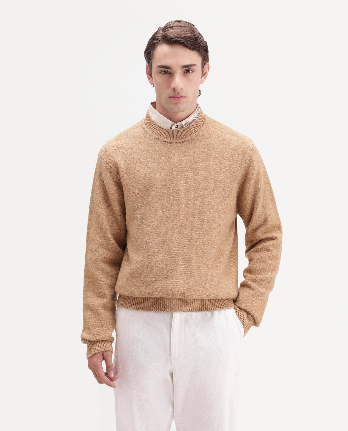 Rare Rabbit Men's Manny-E Dusky Yellow Acrylic Blend Crew Neck Regular Plain Sweater