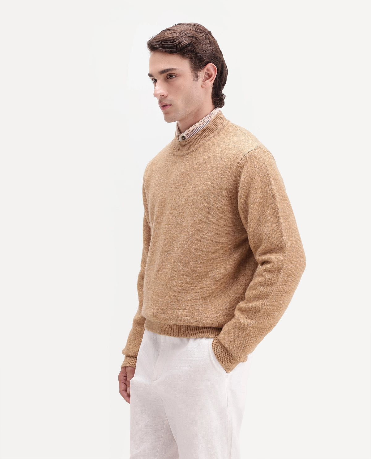 Rare Rabbit Men's Manny-E Dusky Yellow Acrylic Blend Crew Neck Regular Plain Sweater