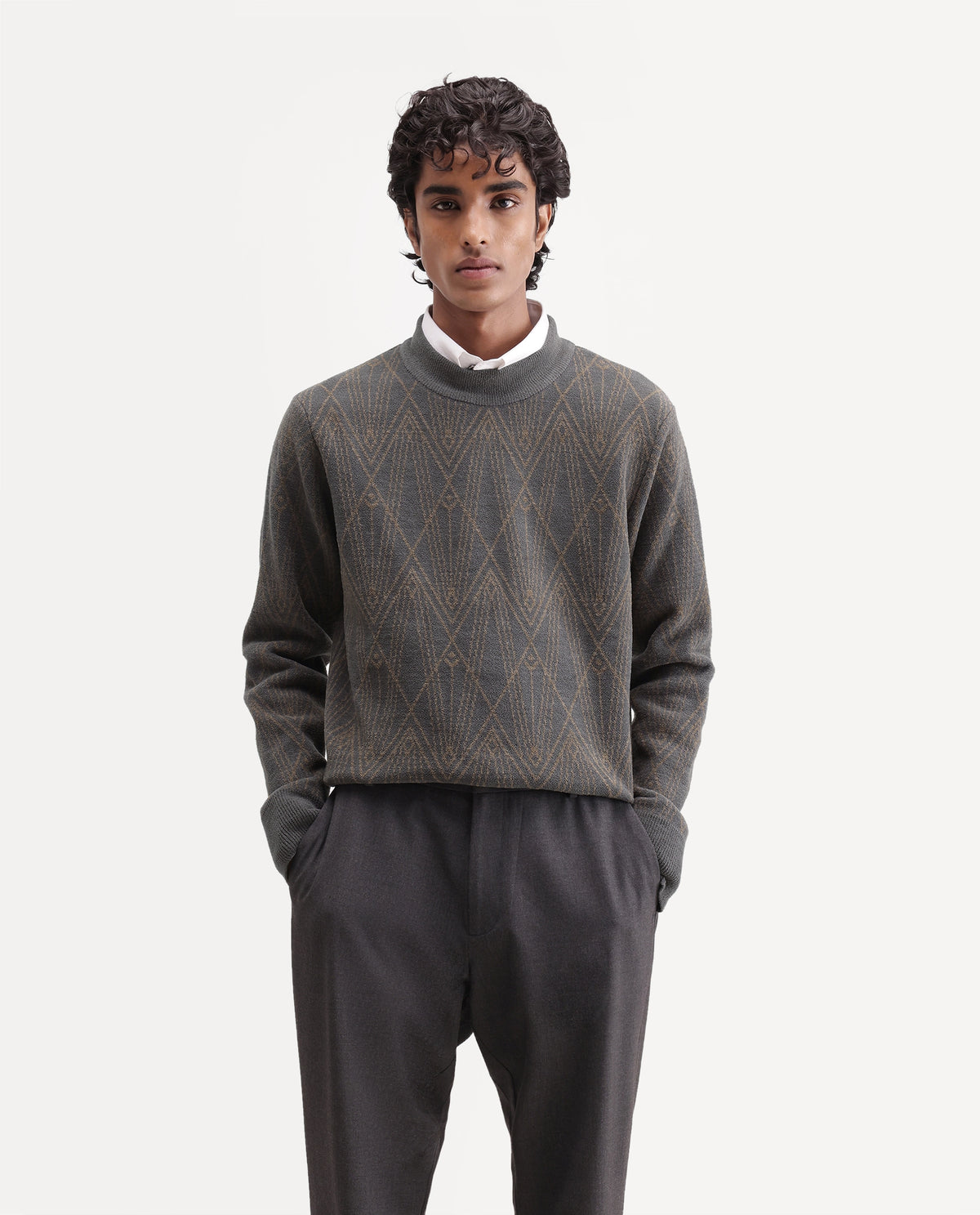 Rare Rabbit Men's Deigo-E Dusky Grey Polyester Cotton Blend Crew Neck Regular Fit Jacquard Sweater - image 4