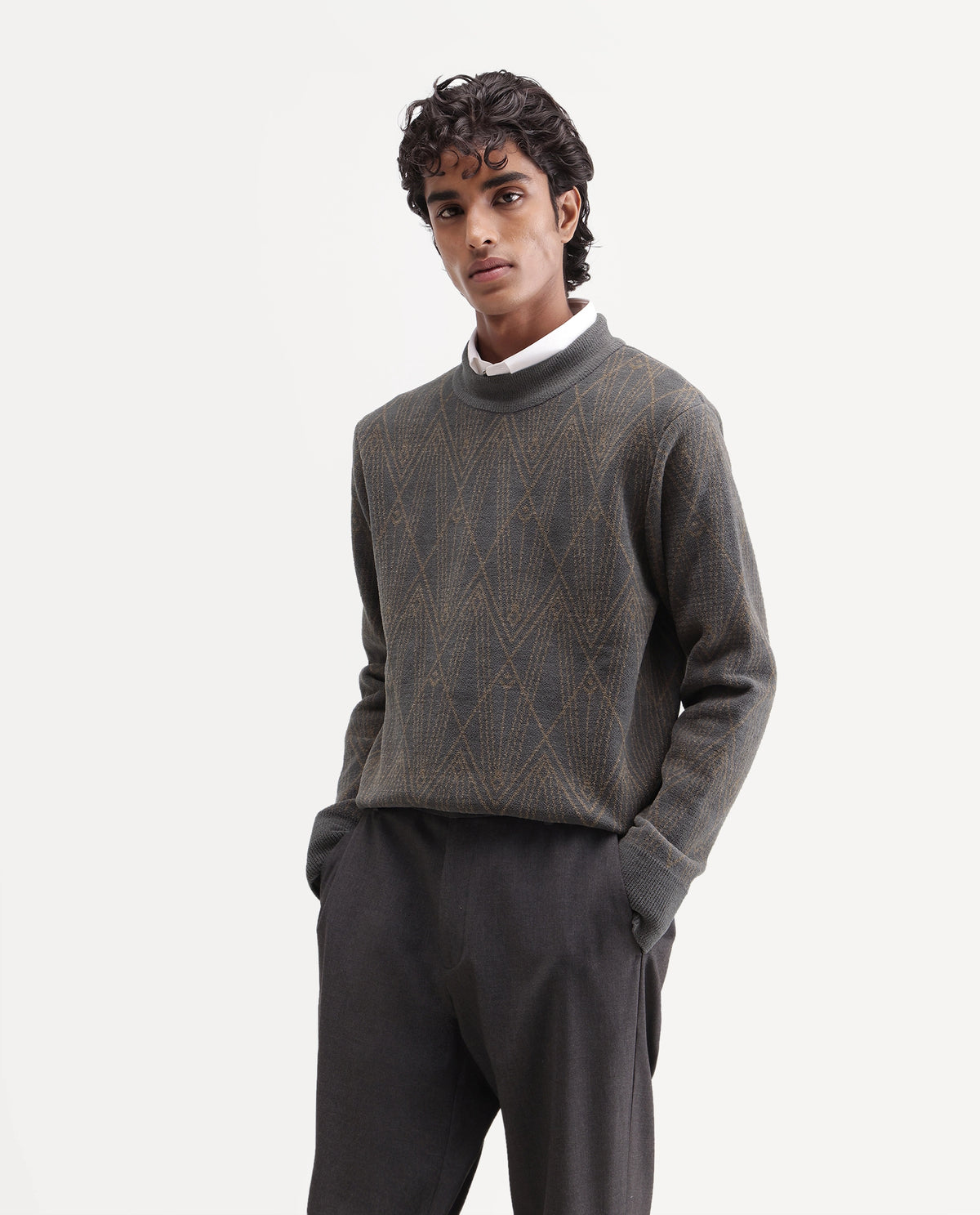 Rare Rabbit Men's Deigo-E Dusky Grey Polyester Cotton Blend Crew Neck Regular Fit Jacquard Sweater - image 5