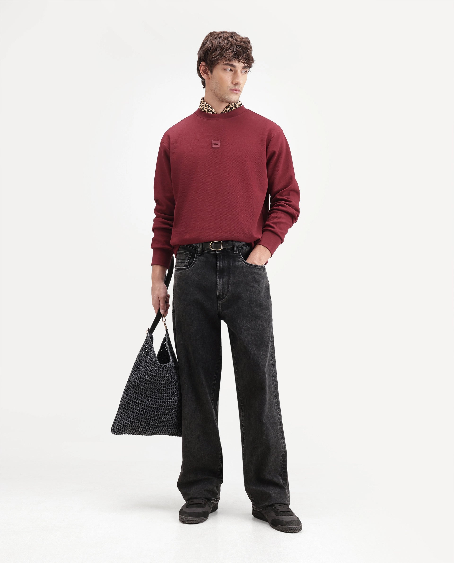 Rare Rabbit Men's Prep Dark Grey Cotton Blend Relaxed Plain Jeans