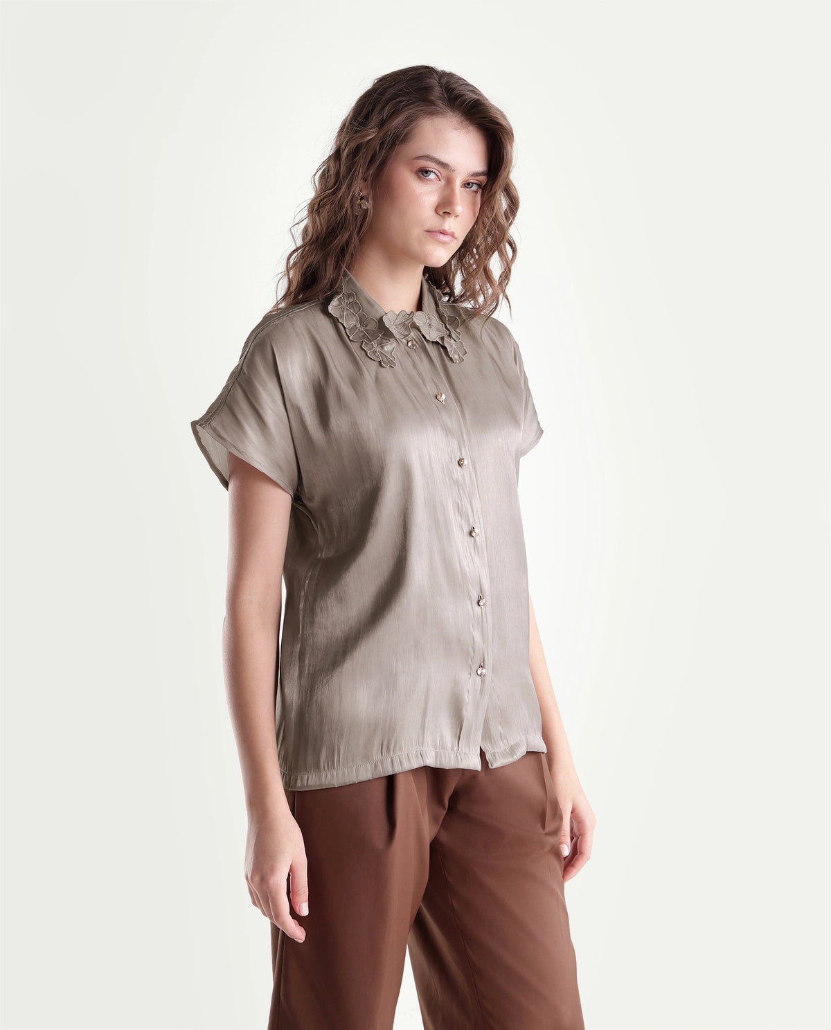 Rareism Women's Xolo Dusky Tan Polyester Spread Collar Regular Plain Top