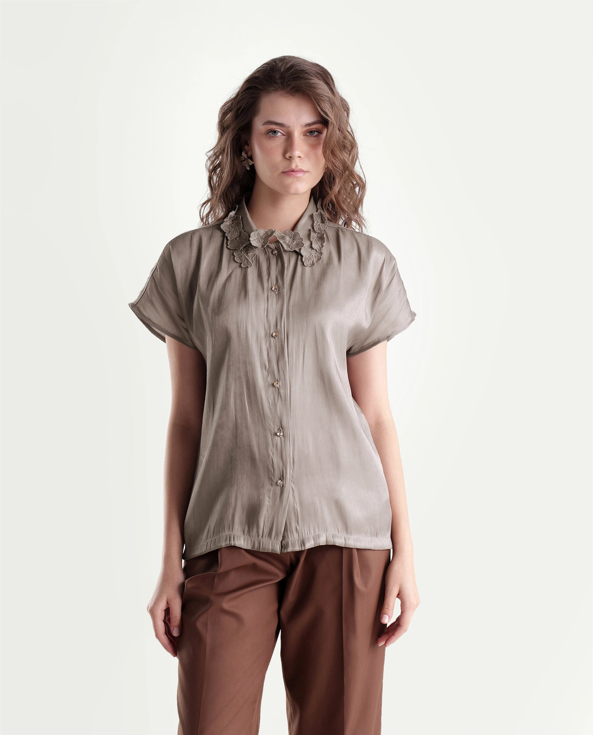Rareism Women's Xolo Dusky Tan Polyester Spread Collar Regular Plain Top