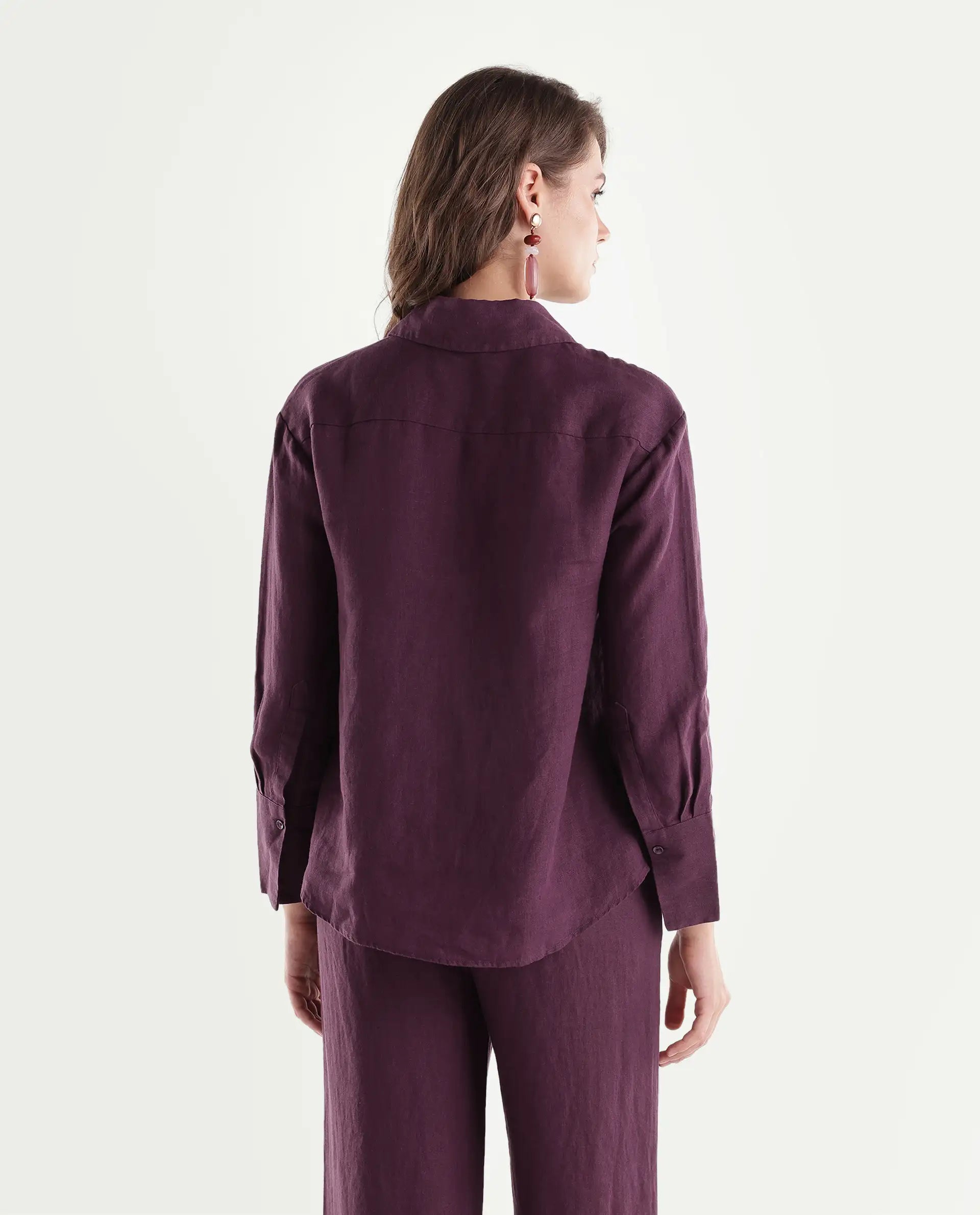 Rareism Women's Rubo Dusky Maroon 100% Linen Spread Collar Relaxed Plain Shirt