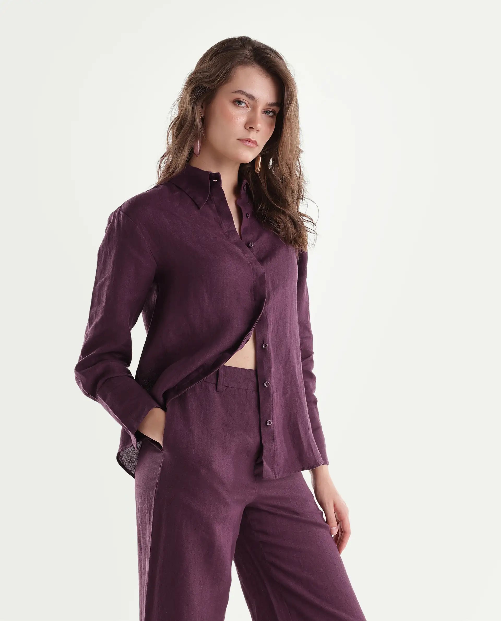 Rareism Women's Rubo Dusky Maroon 100% Linen Spread Collar Relaxed Plain Shirt