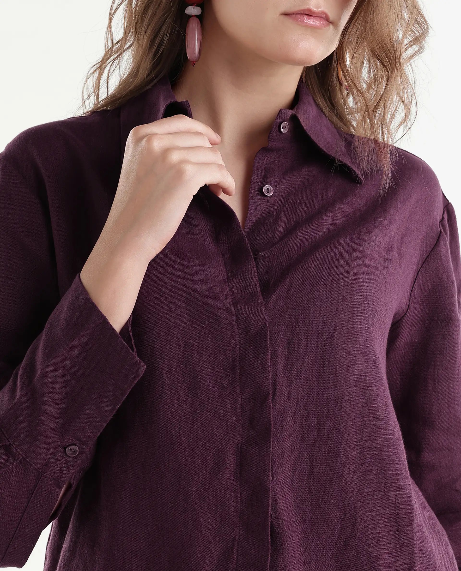 Rareism Women's Rubo Dusky Maroon 100% Linen Spread Collar Relaxed Plain Shirt