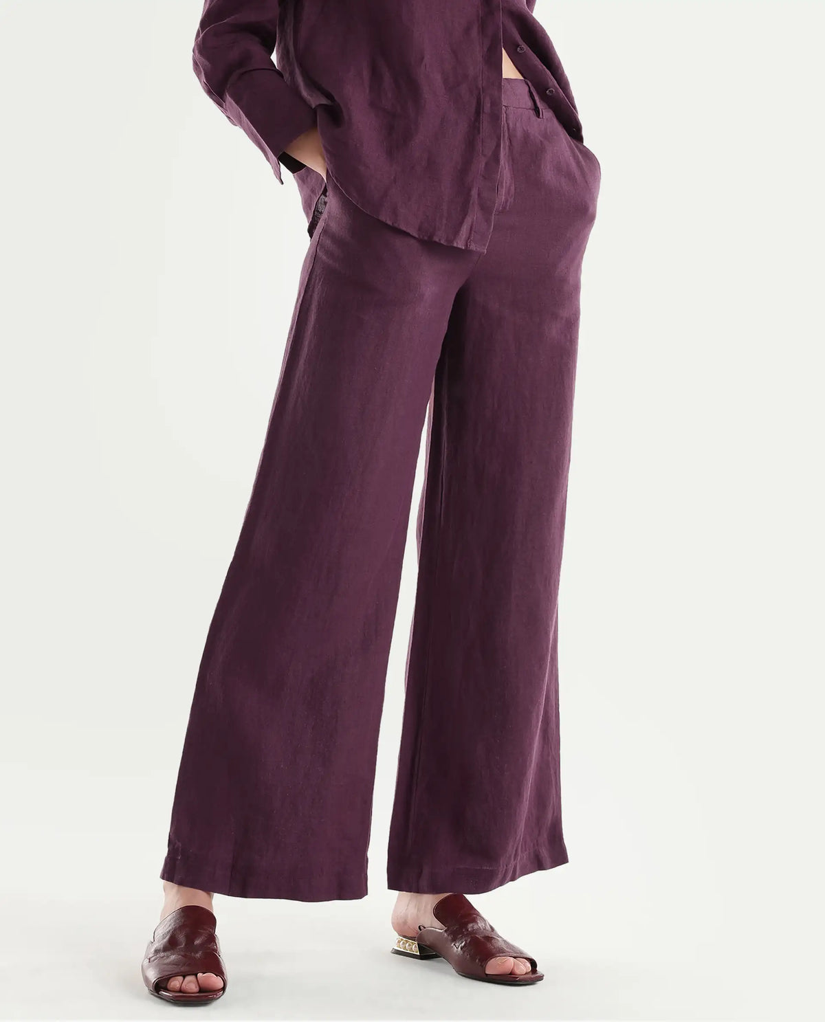 Rareism Women's Rubon-B Dusky Maroon 100% Linen Wide Leg Plain Trouser