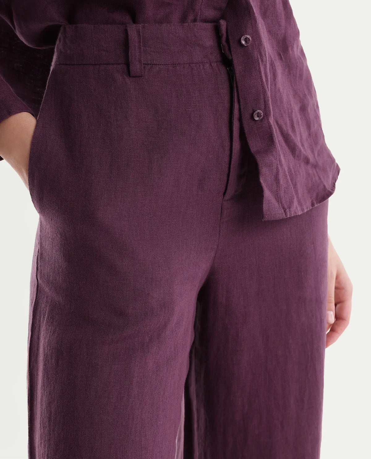 Rareism Women's Rubon-B Dusky Maroon 100% Linen Wide Leg Plain Trouser