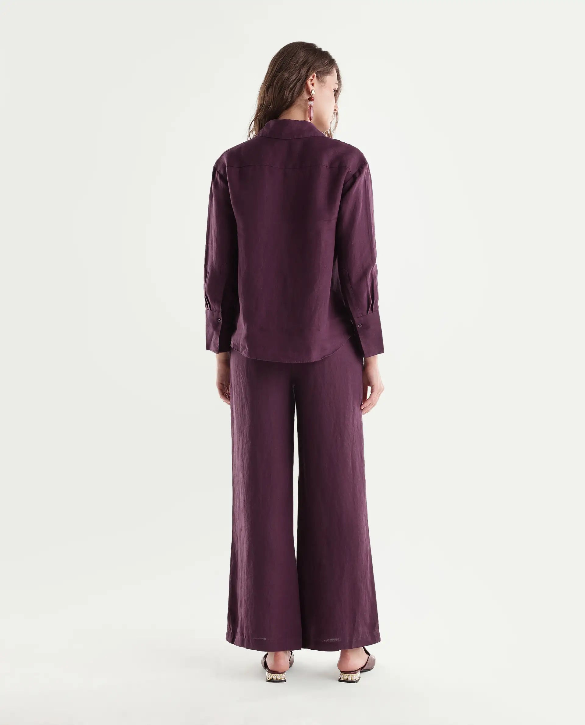 Rareism Women's Rubon-B Dusky Maroon 100% Linen Wide Leg Plain Trouser