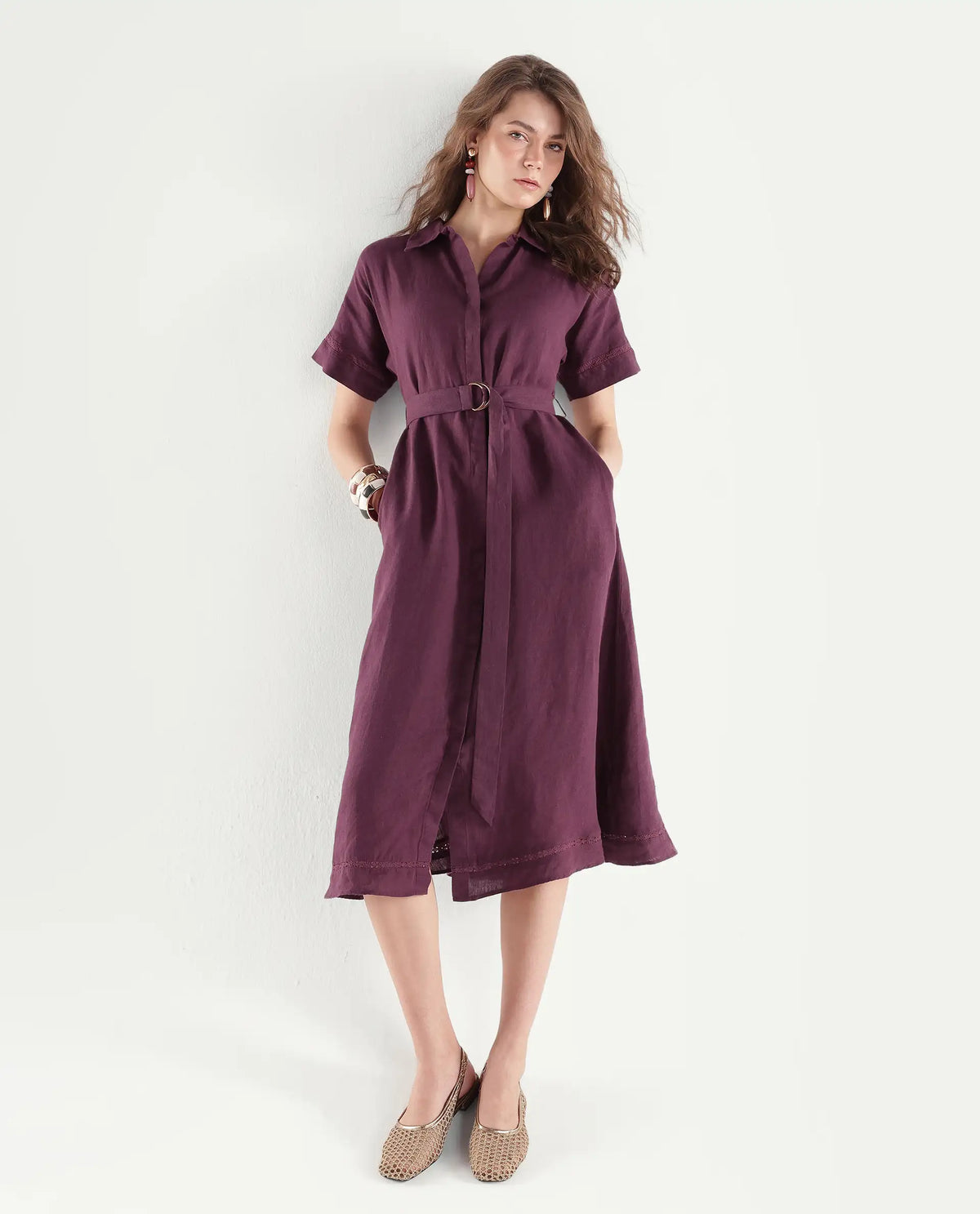 Rareism Women's Rubot Dusky Maroon 100% Linen Spread Collar Fit And Flare Plain Dress