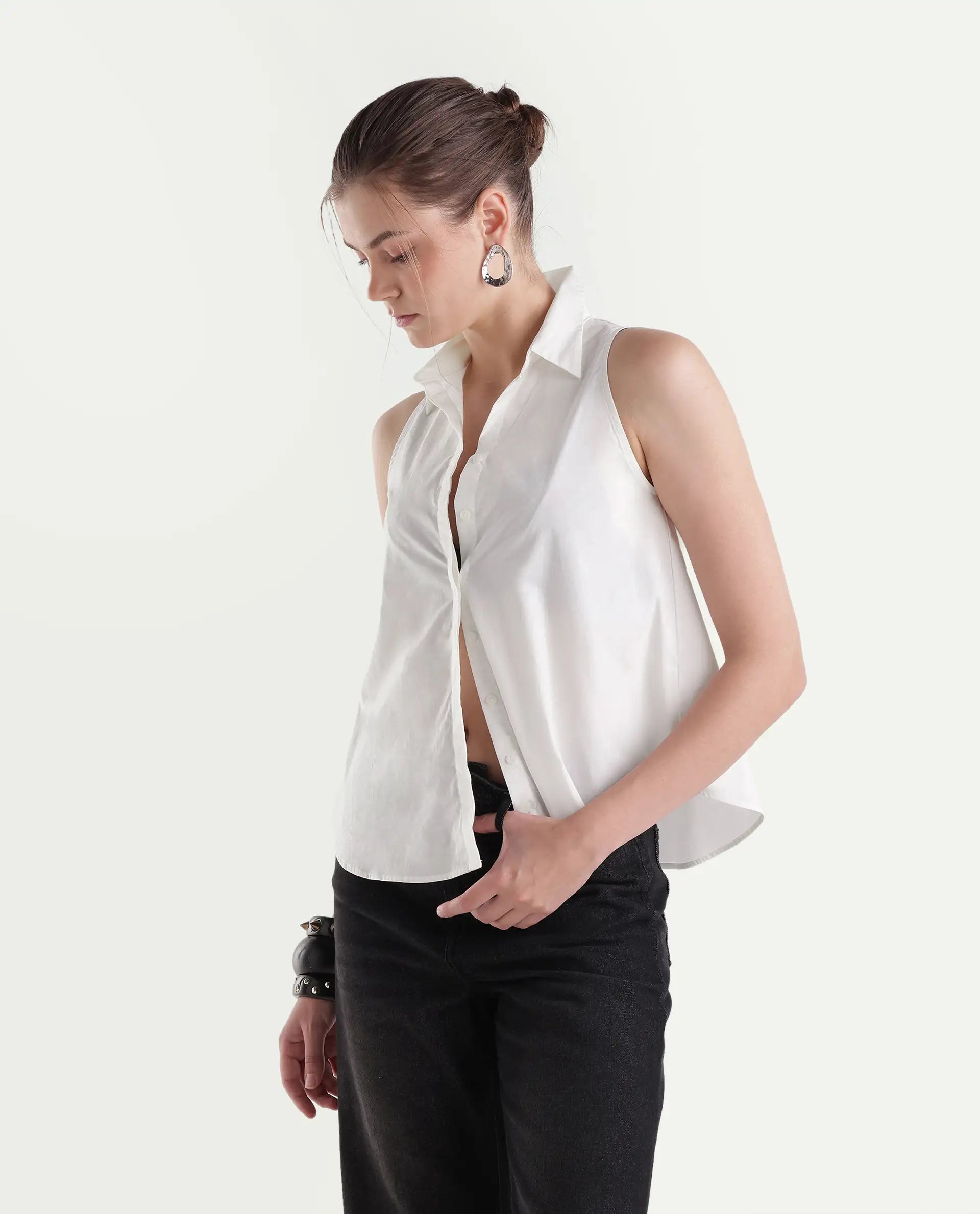 Rareism Women's Thebe Light White Cotton Spread Collar Regular Plain Shirt