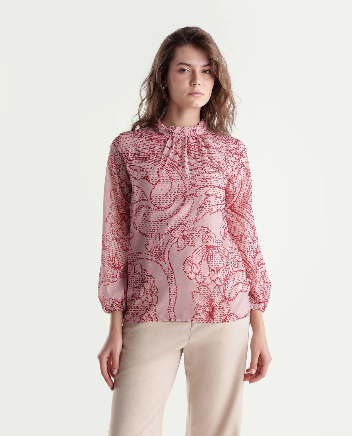 Rareism Women's Massy Multi Polyester High Neck Regular Floral Print Top