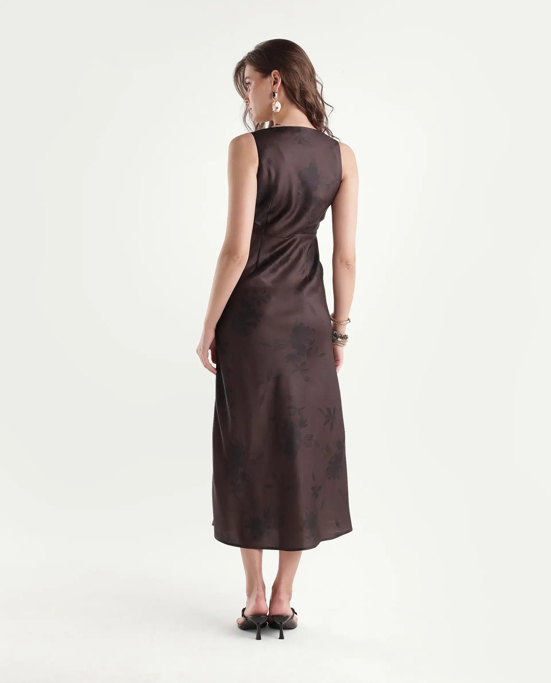Rareism Women's Xenket Brown Polyester Cowl Neck Regular Floral Print Dress