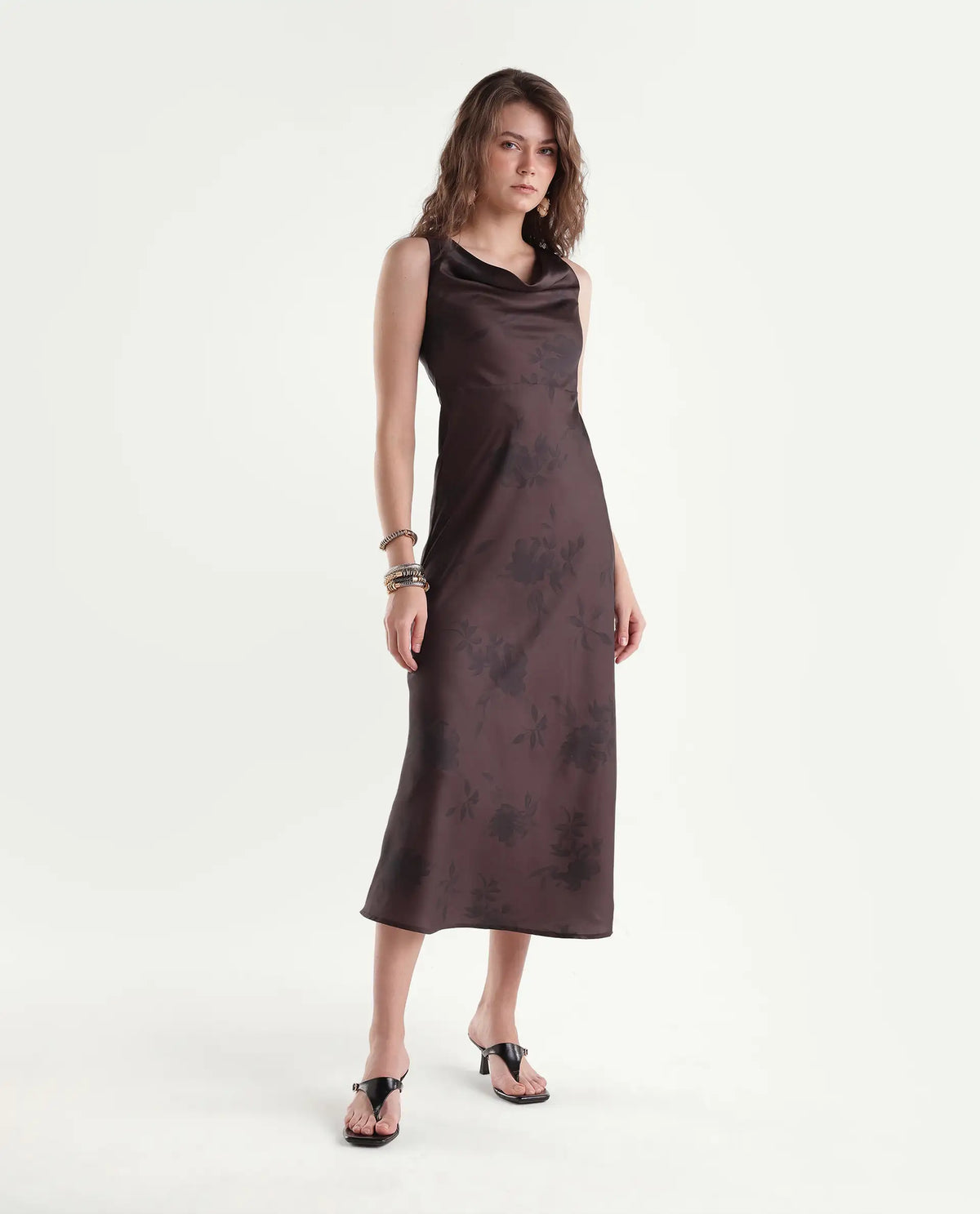 Rareism Women's Xenket Brown Polyester Cowl Neck Regular Floral Print Dress