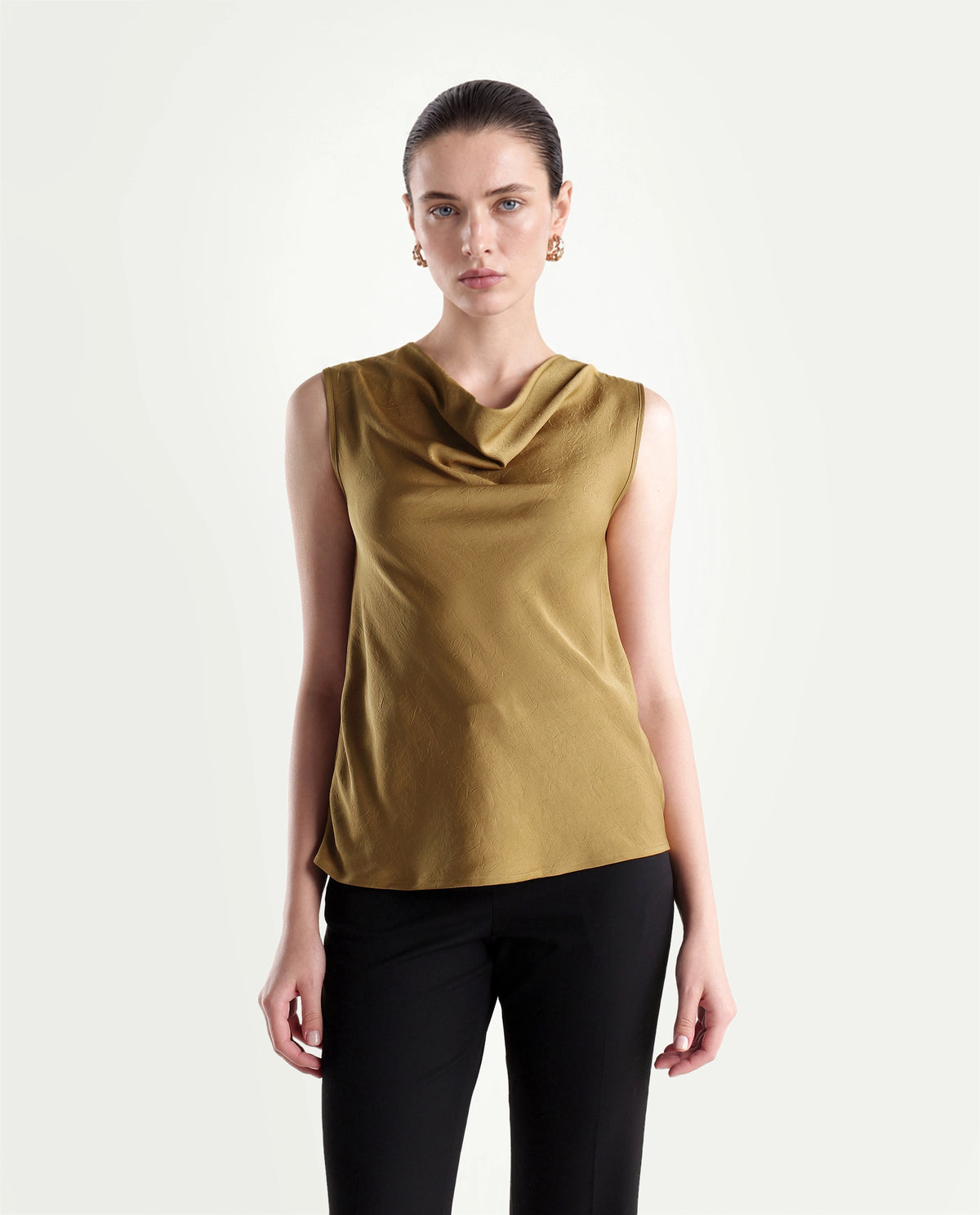 Rareism Women's Xango Gold Polyester Cowl Neck Regular Plain Top