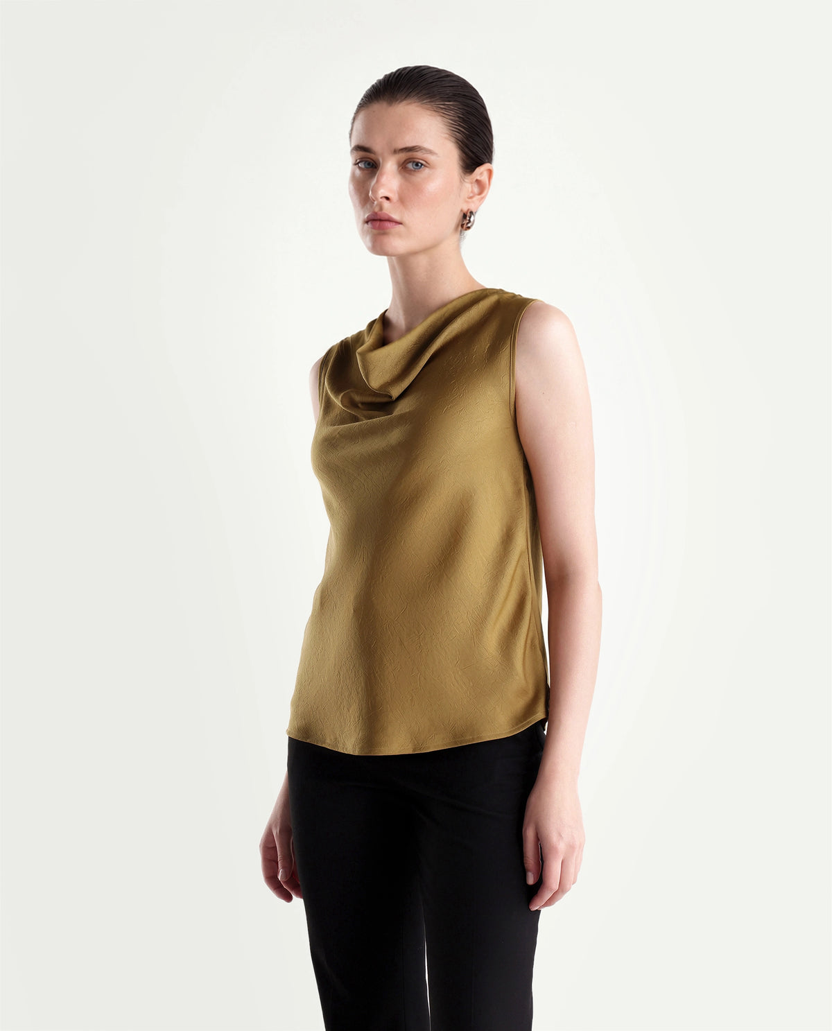Rareism Women's Xango Gold Polyester Cowl Neck Regular Plain Top