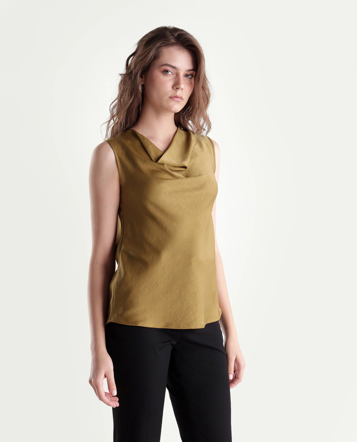 Rareism Women's Xango Gold Polyester Cowl Neck Regular Plain Top