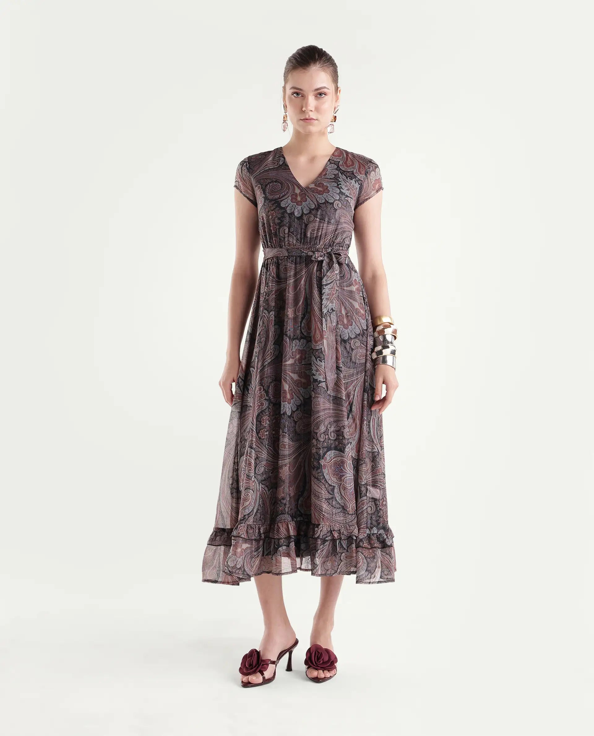 Rareism Women's Xaviera Multi Polyester Blend V-Neck Fit And Flare Paisley Dress
