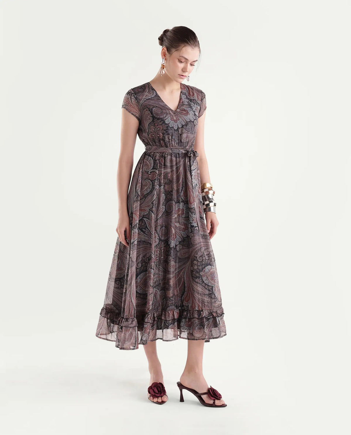 Rareism Women's Xaviera Multi Polyester Blend V-Neck Fit And Flare Paisley Dress