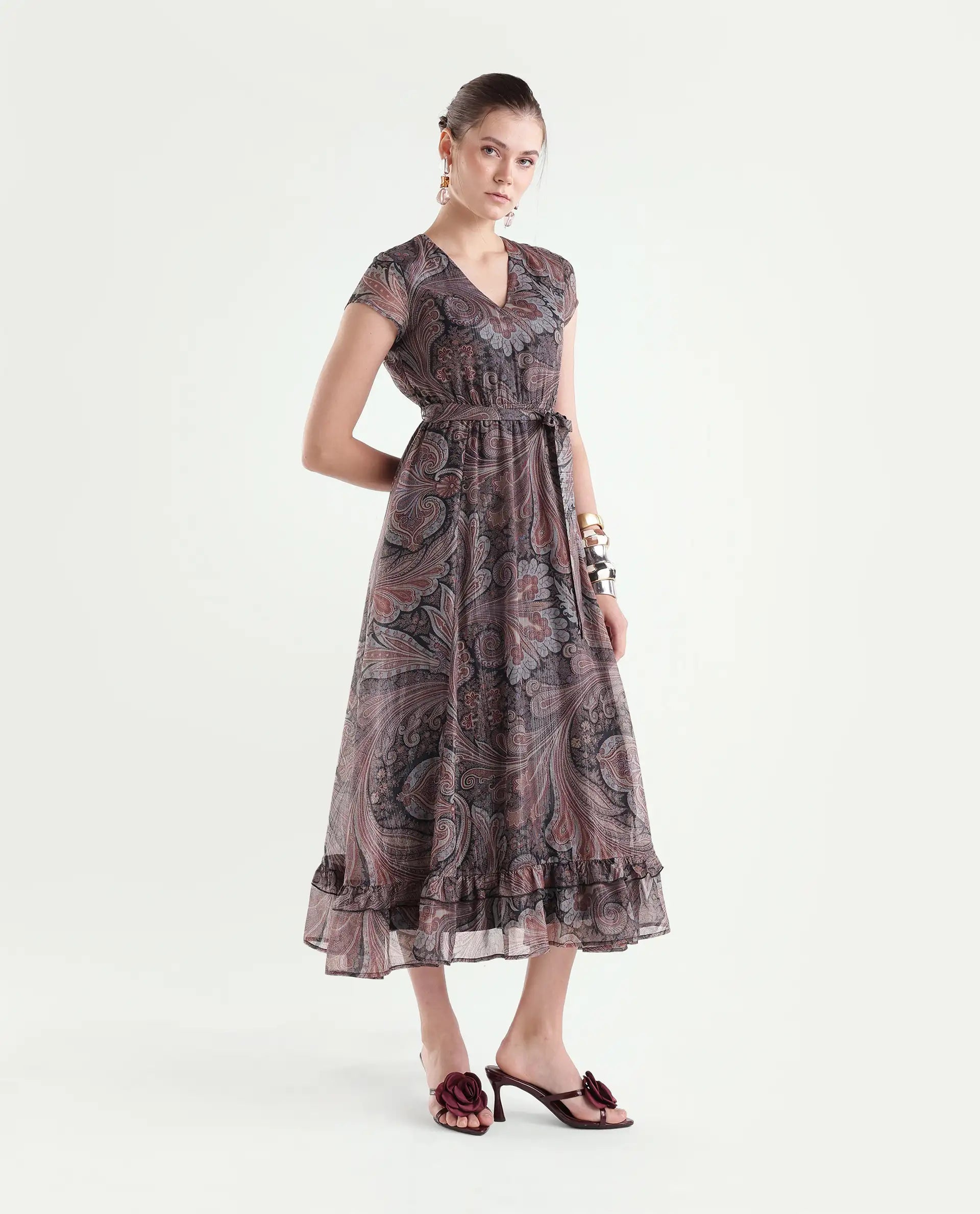 Rareism Women's Xaviera Multi Polyester Blend V-Neck Fit And Flare Paisley Dress