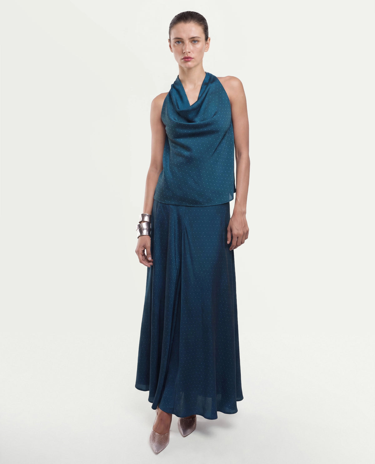 Rareism Women's Xivinij-T Teal Viscose Blend Halter Neck Regular Plain Top