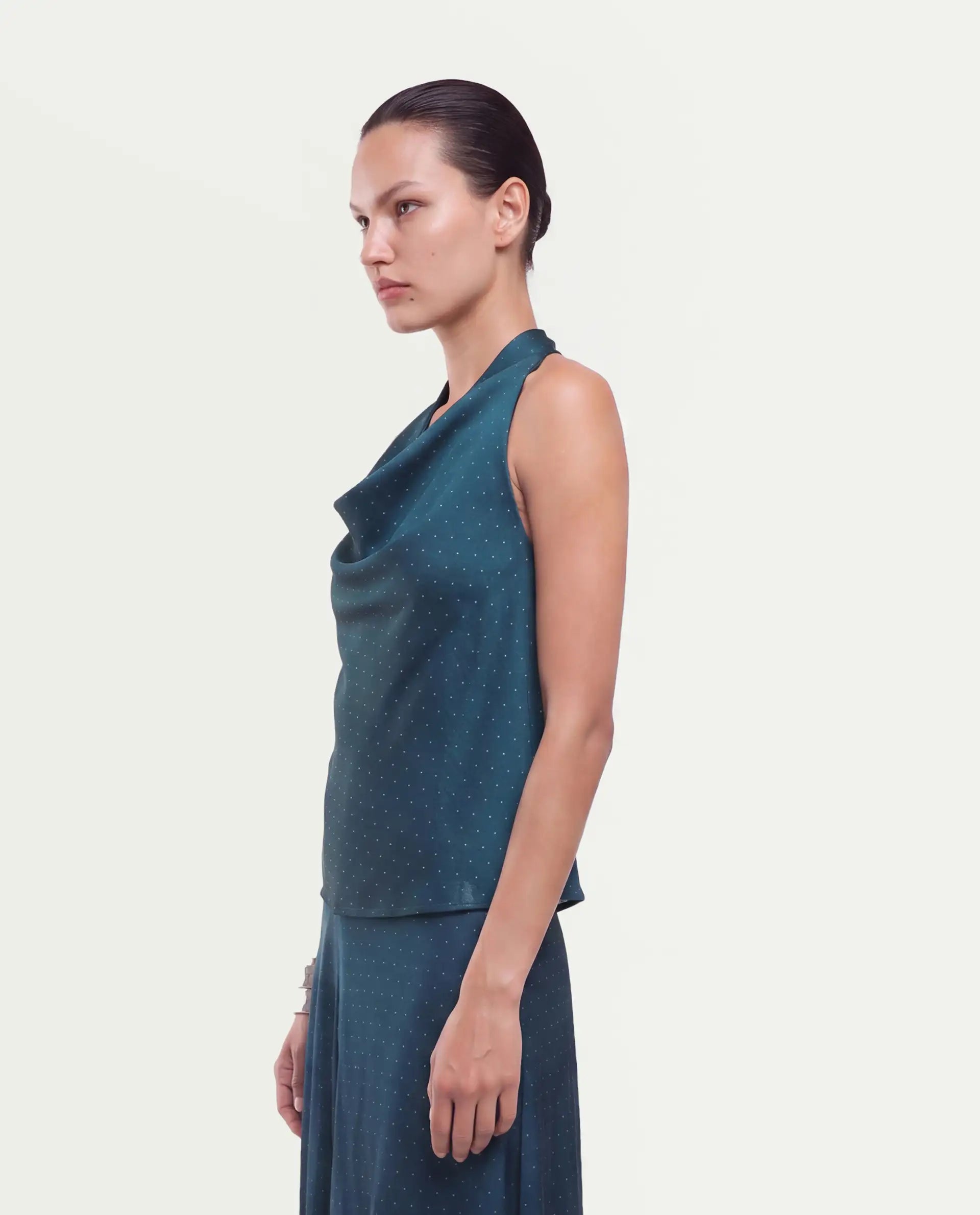 Rareism Women's Xivinij-T Teal Viscose Blend Halter Neck Regular Plain Top