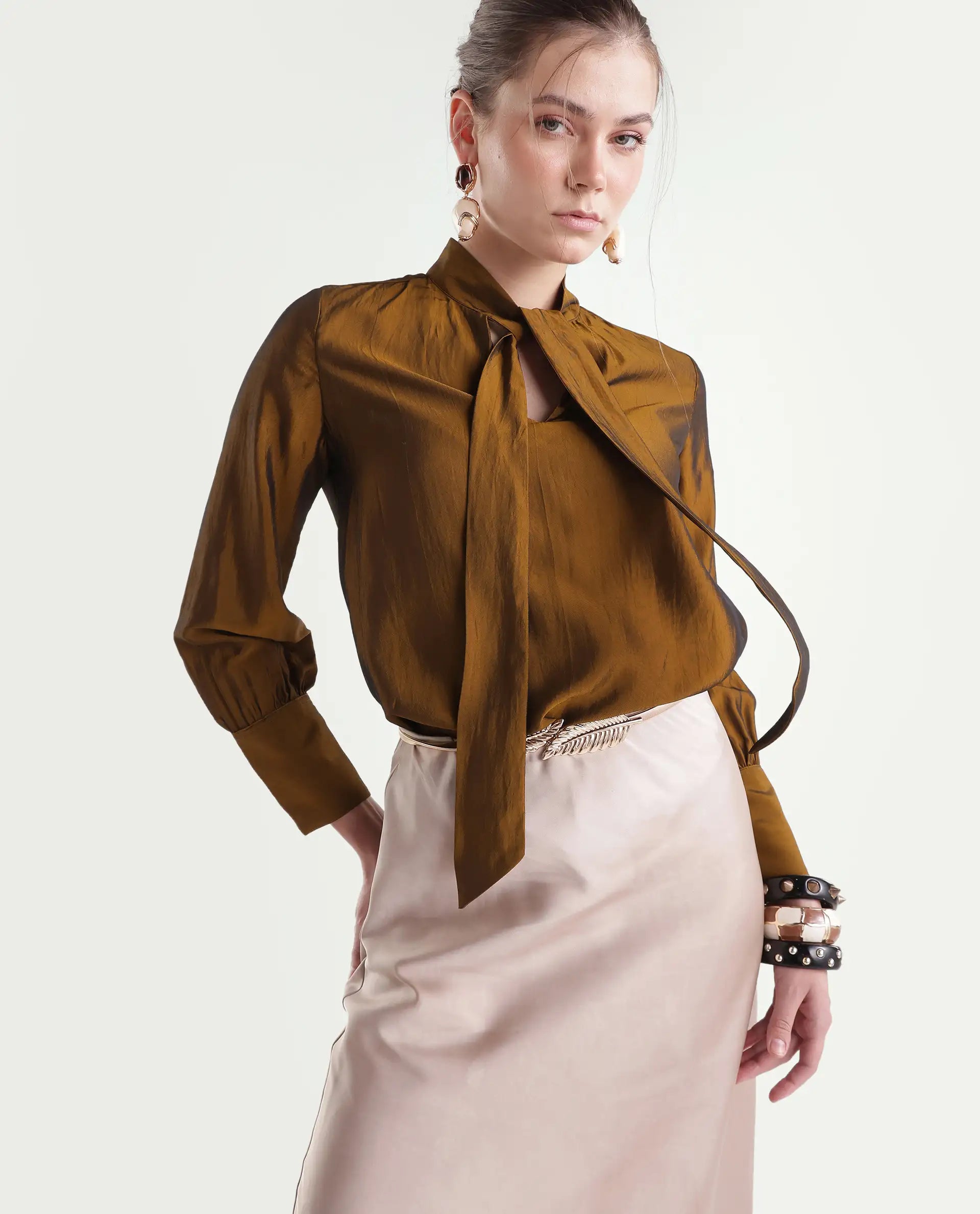 Rareism Women's Xyla Gold Viscose Blend Tie-Up Regular Plain Top