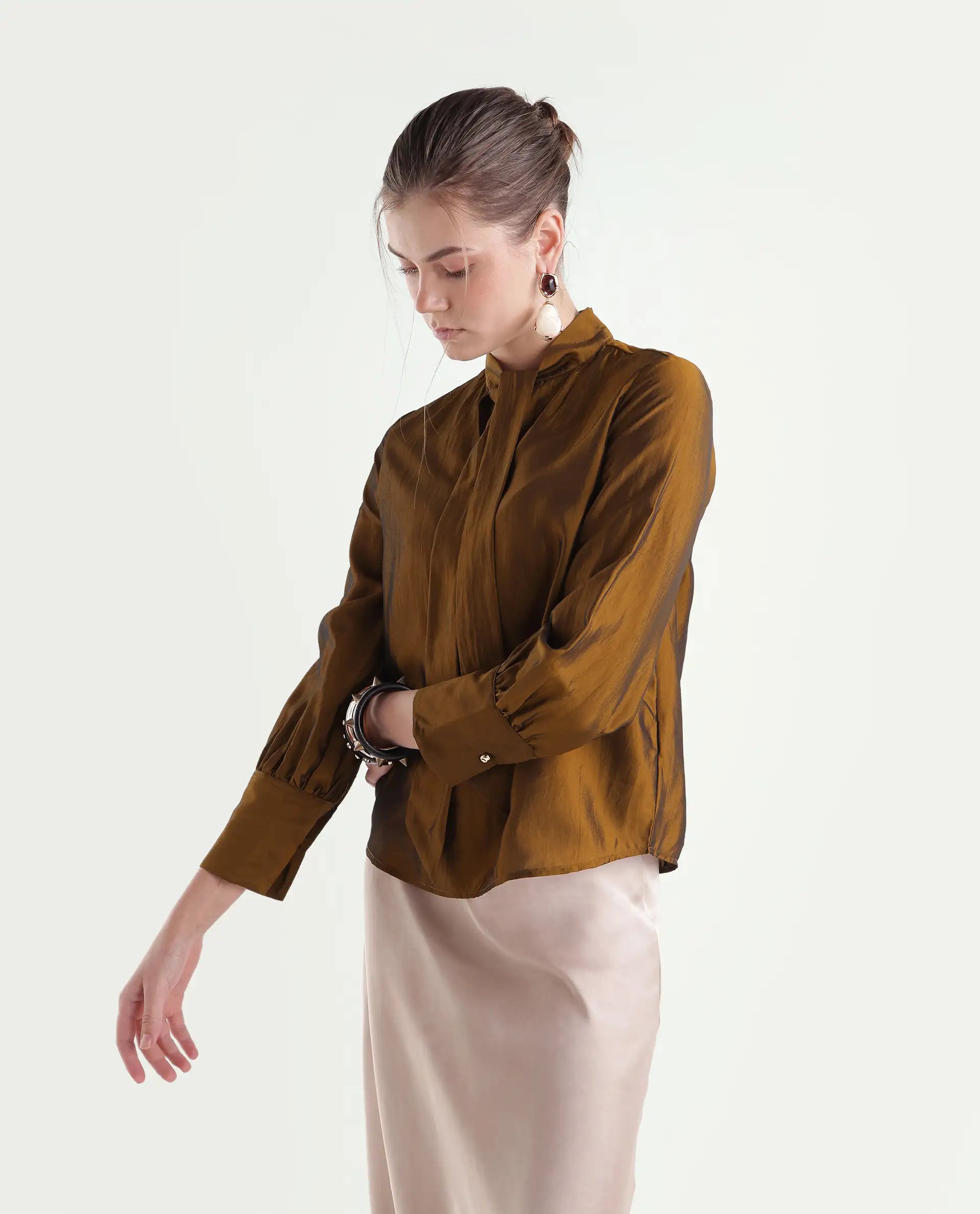 Rareism Women's Xyla Gold Viscose Blend Tie-Up Regular Plain Top