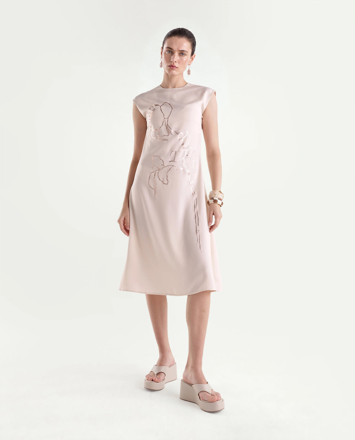 Rareism Women's Xaria Off White Polyester High Neck Sheath Floral Print Dress