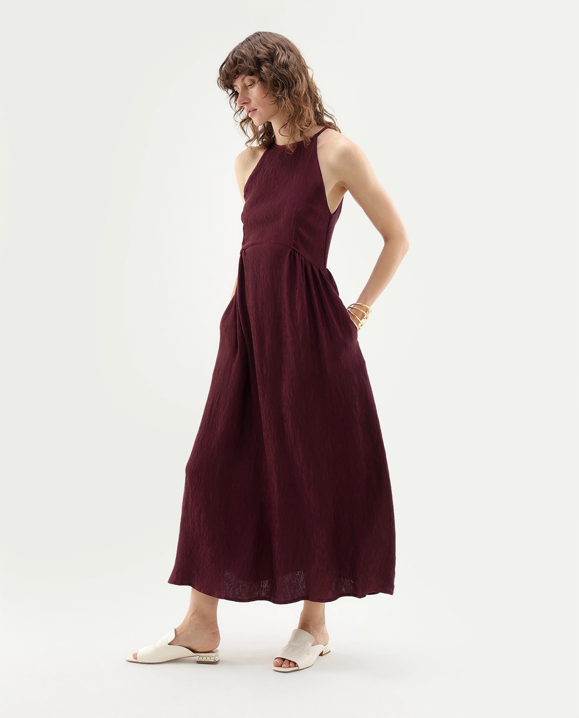 Rareism Women's Xabot Maroon Viscose Blend Halter Neck Sheath Plain Dress