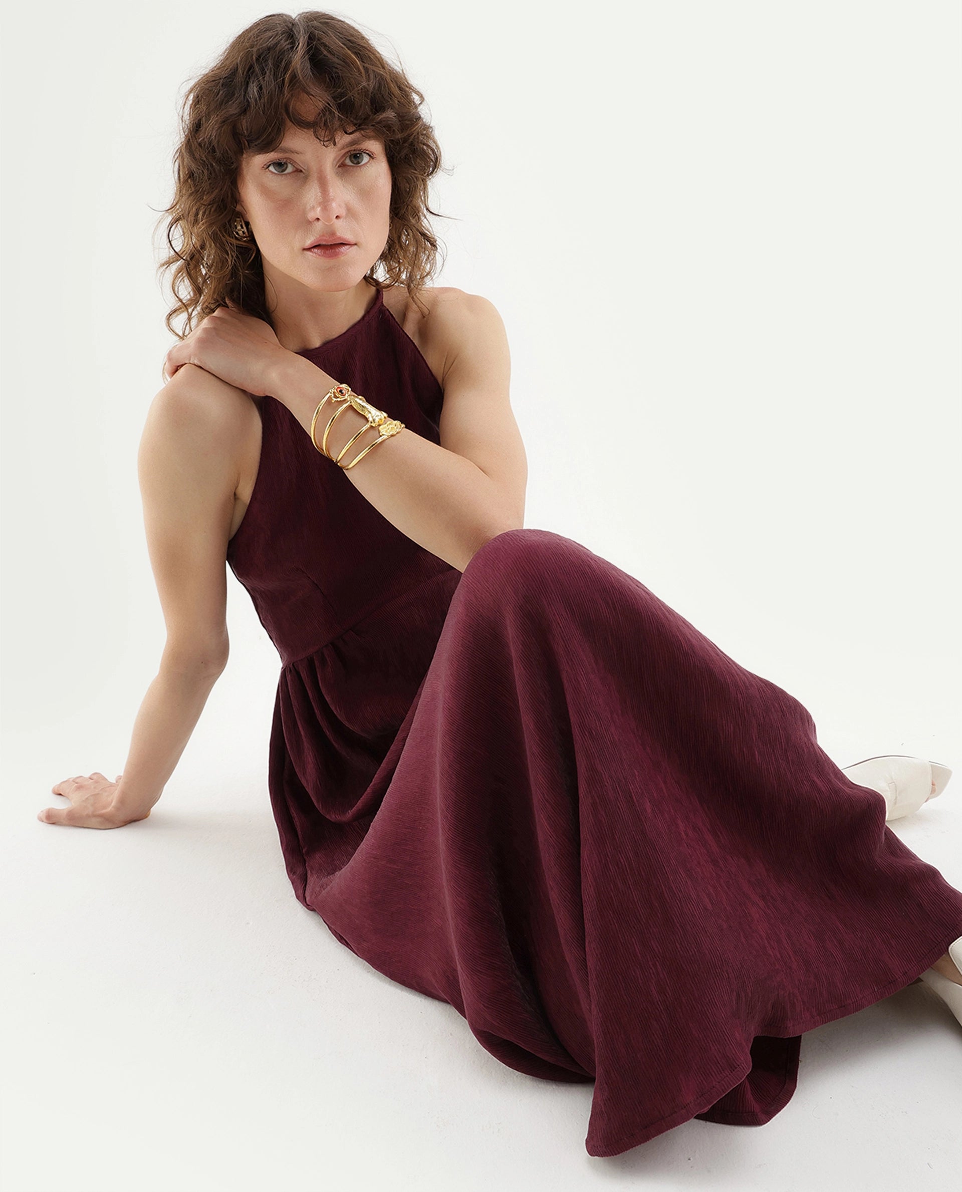 Rareism Women's Xabot Maroon Viscose Blend Halter Neck Sheath Plain Dress