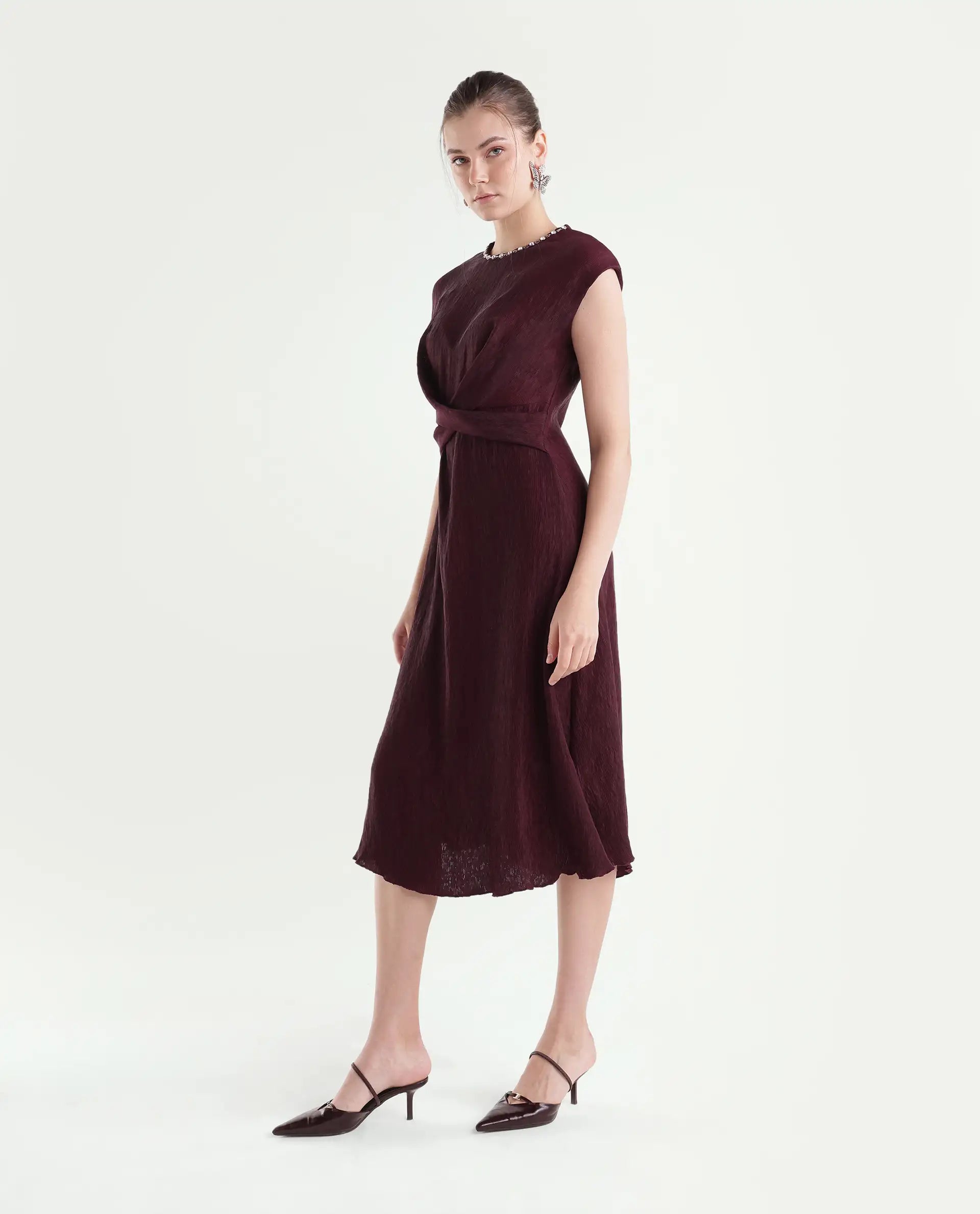 Rareism Women's Xiot Dark Maroon Viscose Blend Crew Neck Fit And Flare Plain Dress