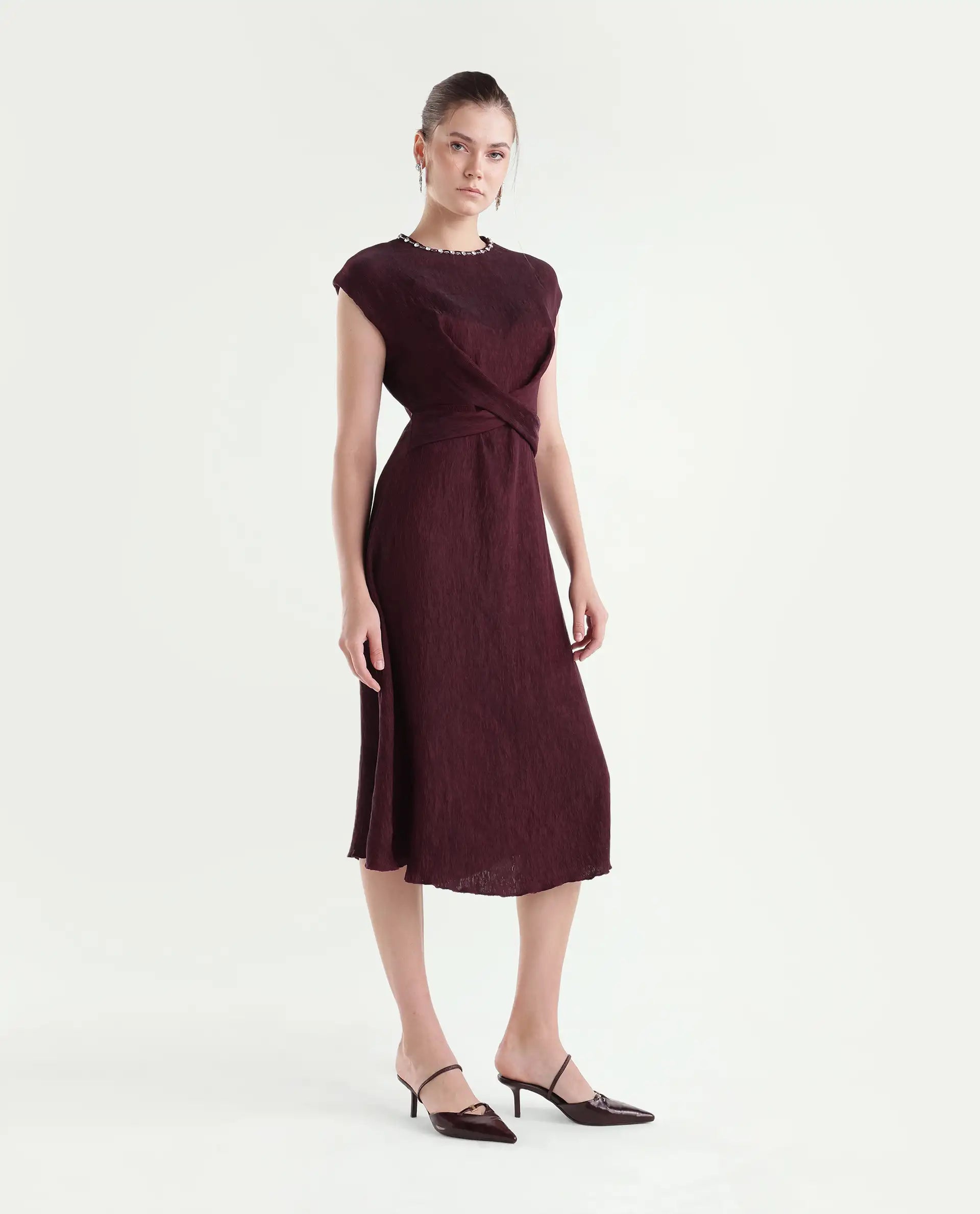 Rareism Women's Xiot Dark Maroon Viscose Blend Crew Neck Fit And Flare Plain Dress