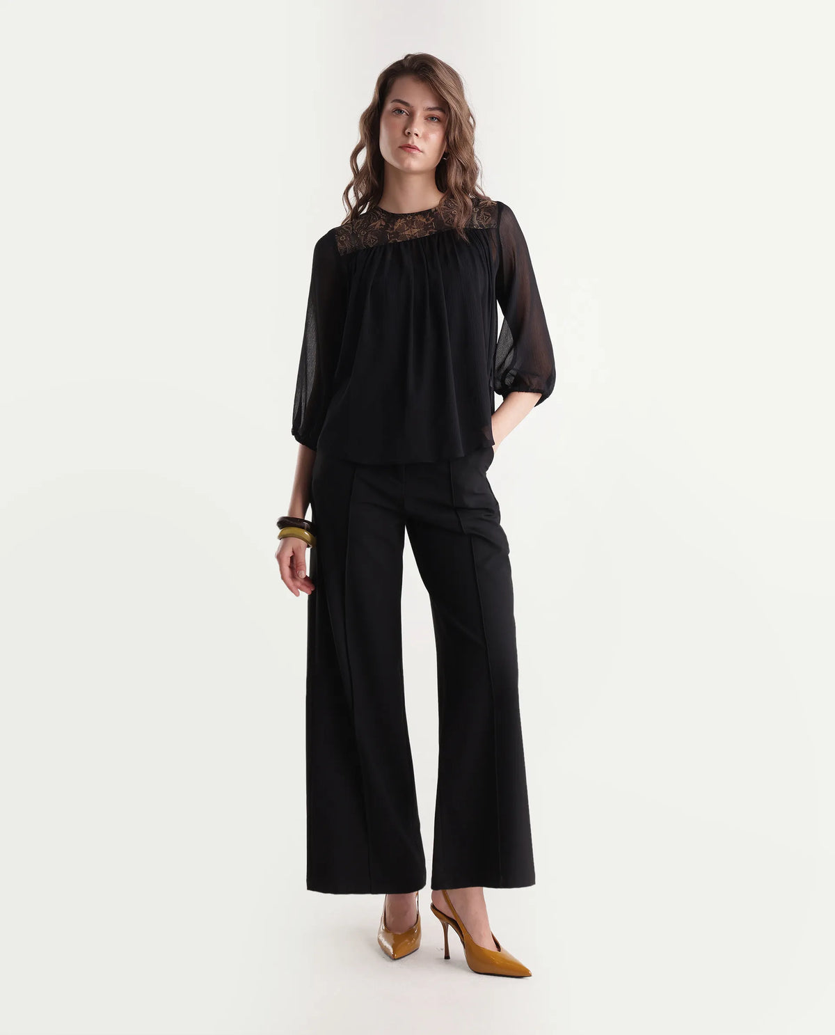 Rareism Women's Xando Black Polyester High Neck Regular Plain Top