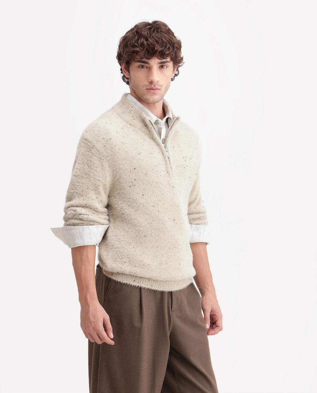 Rare Rabbit Mens Bolland Light Beige Acrylic Blend Stand Collar Regular Plain Sweater