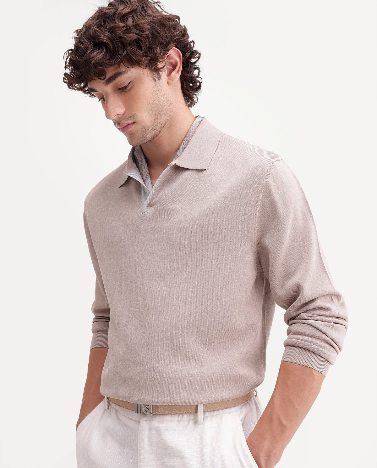 Rare Rabbit Mens Luma Beige Polyester Blend Spread Collar Regular Plain Polo