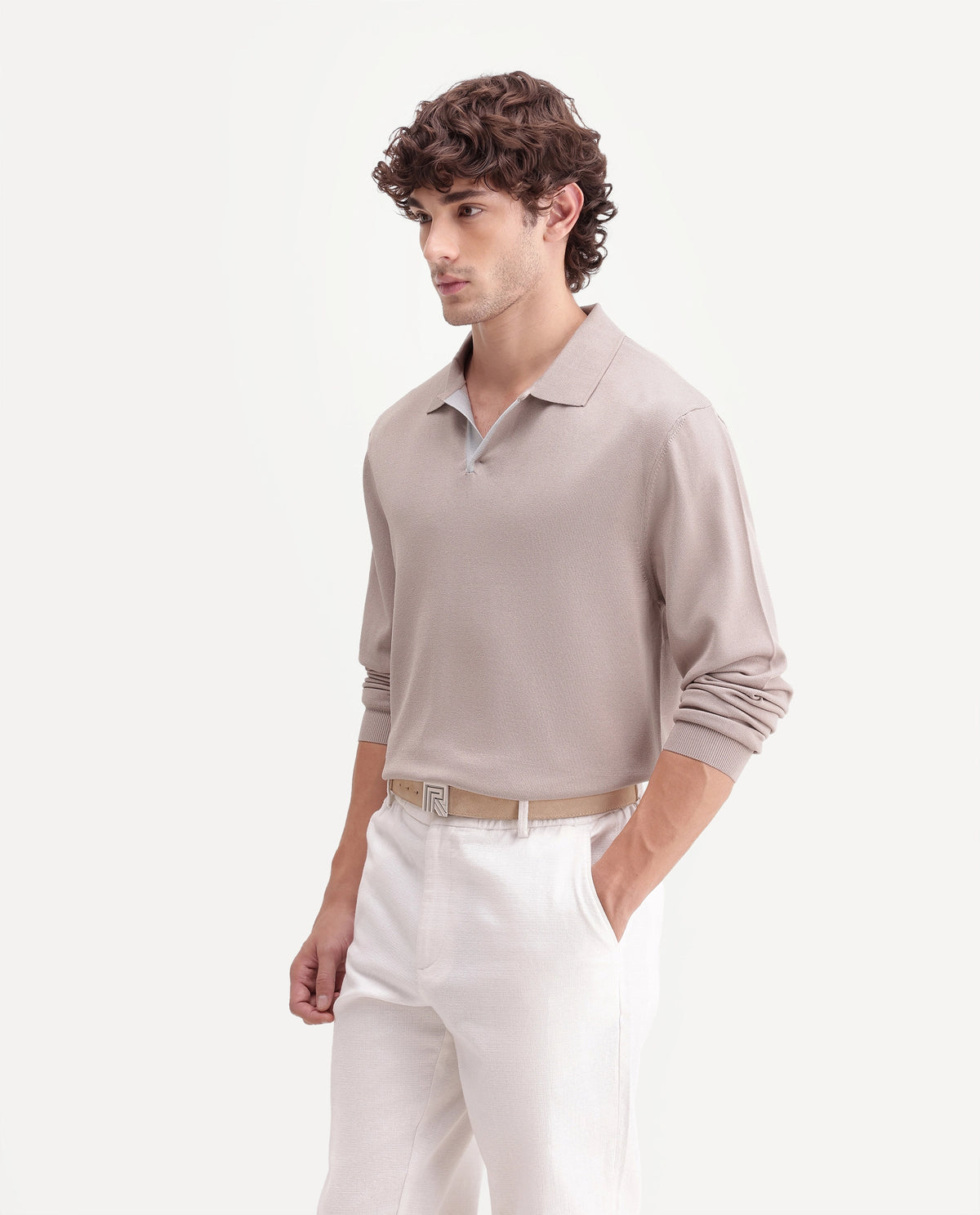 Rare Rabbit Mens Luma Beige Polyester Blend Spread Collar Regular Plain Polo